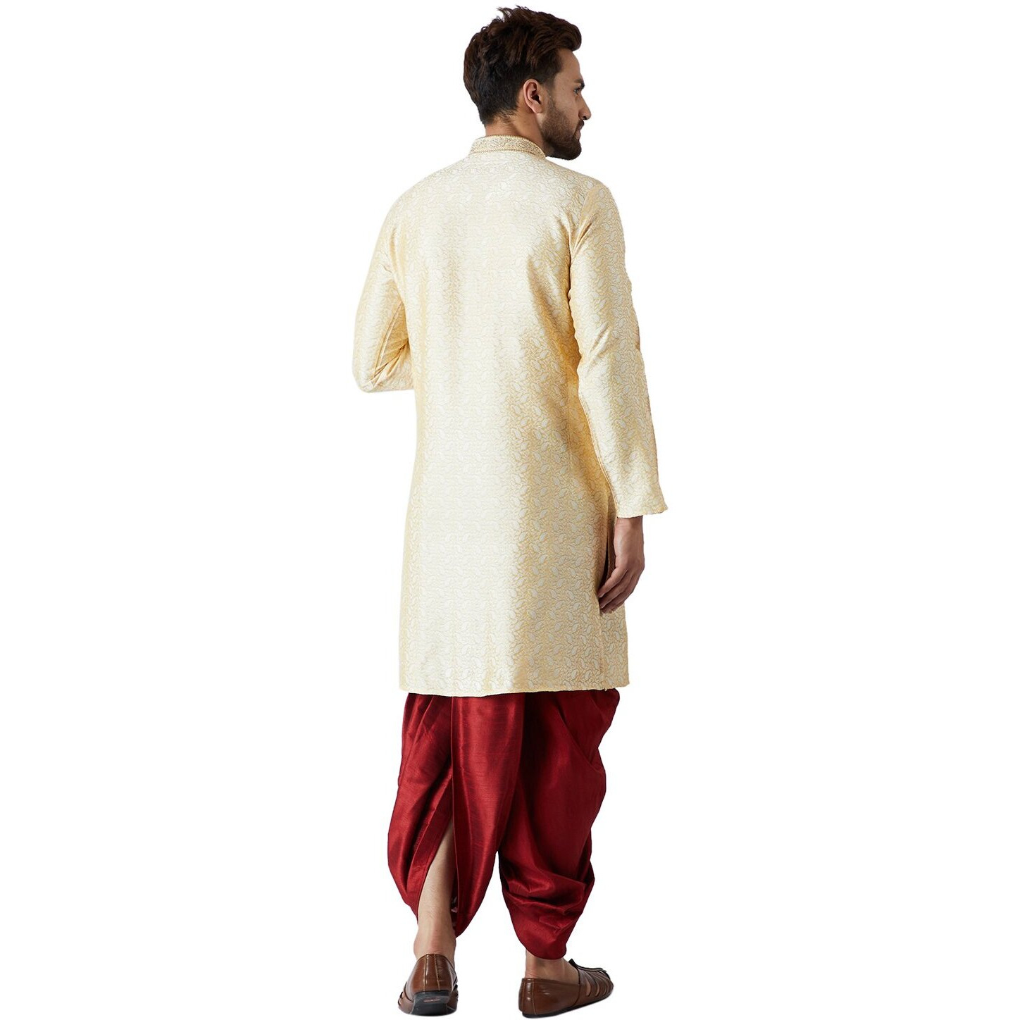 Sojanya (Since 1958, Men's Gold & Maroon Silk Dhoti Kurta Set, Size Xxl