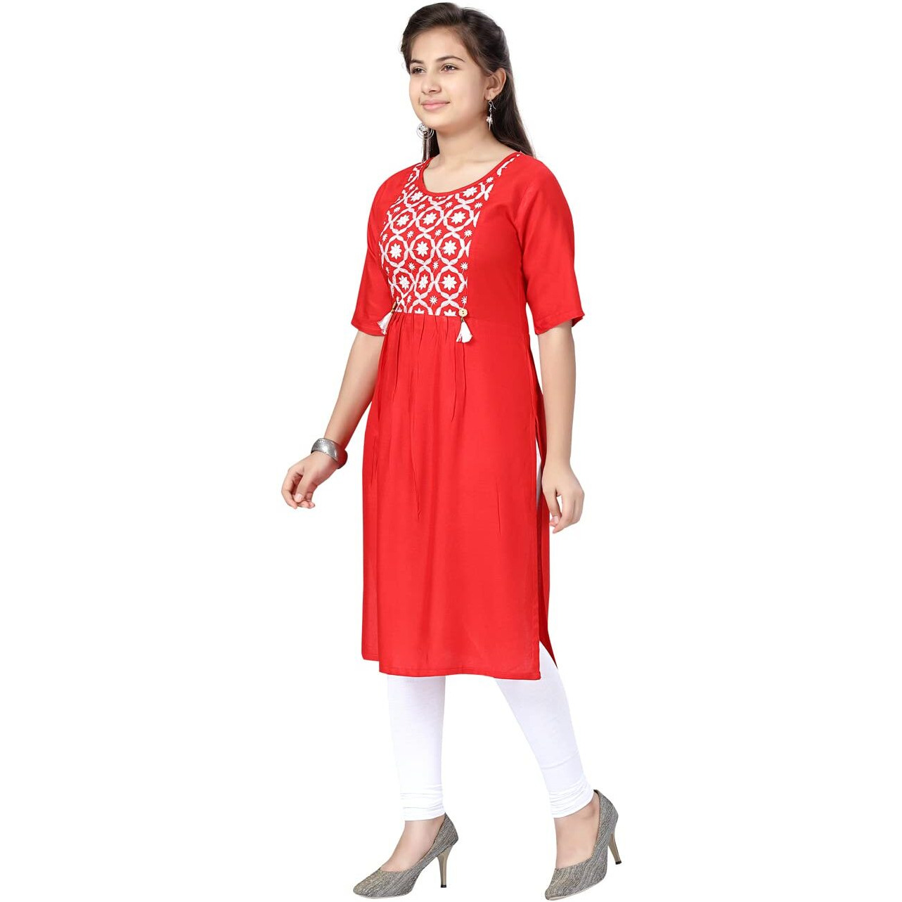 Aarika Girl's Cotton Kurti Legging Set (Kl-H-6_Red-White_36)