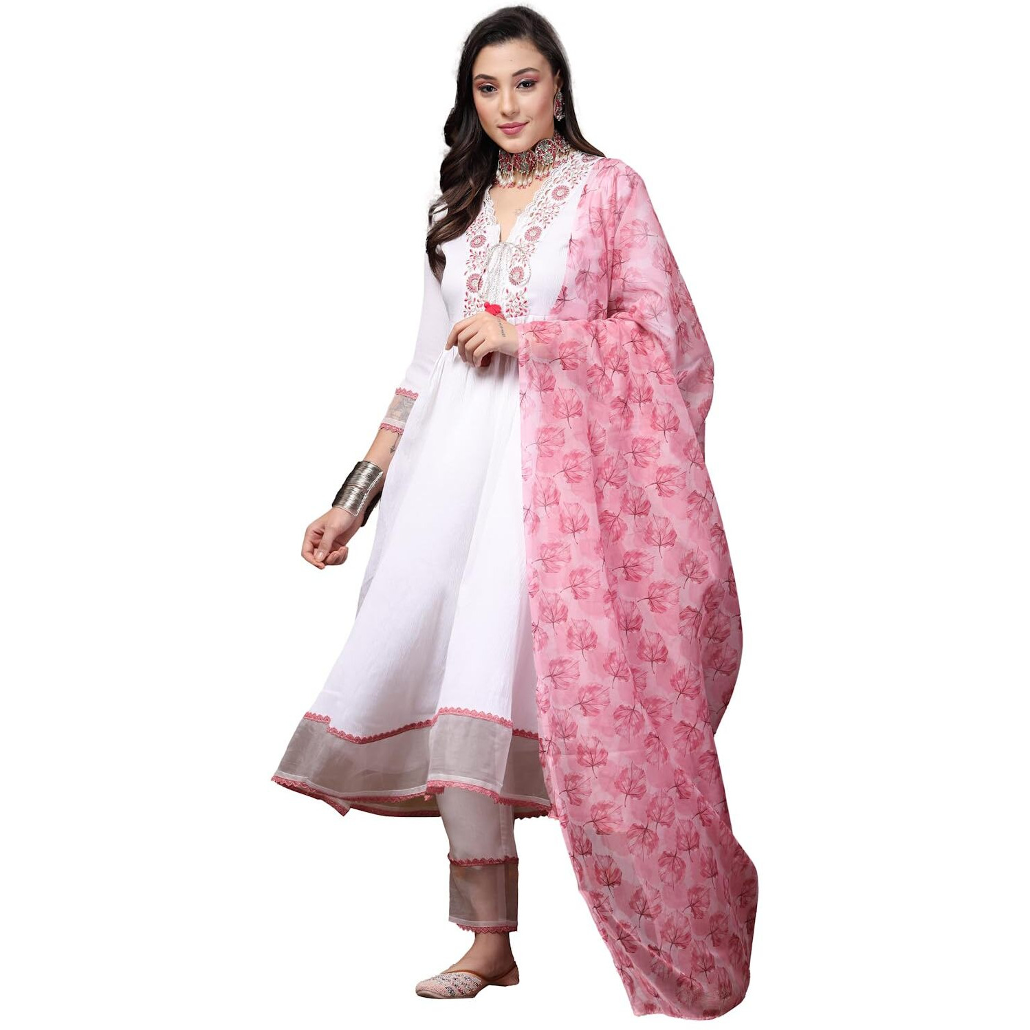 Stylum Women's White Solid & Embroidered Italian Crush Anarkali Kurta Pant Dupatta Set