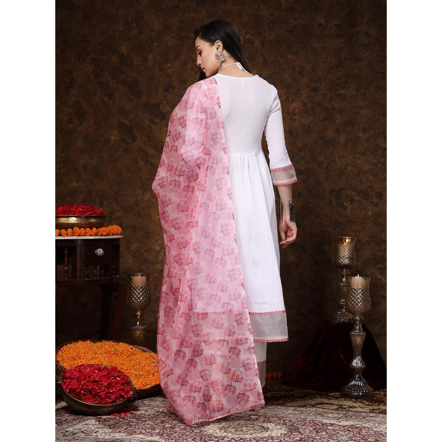 Stylum Women's White Solid & Embroidered Italian Crush Anarkali Kurta Pant Dupatta Set