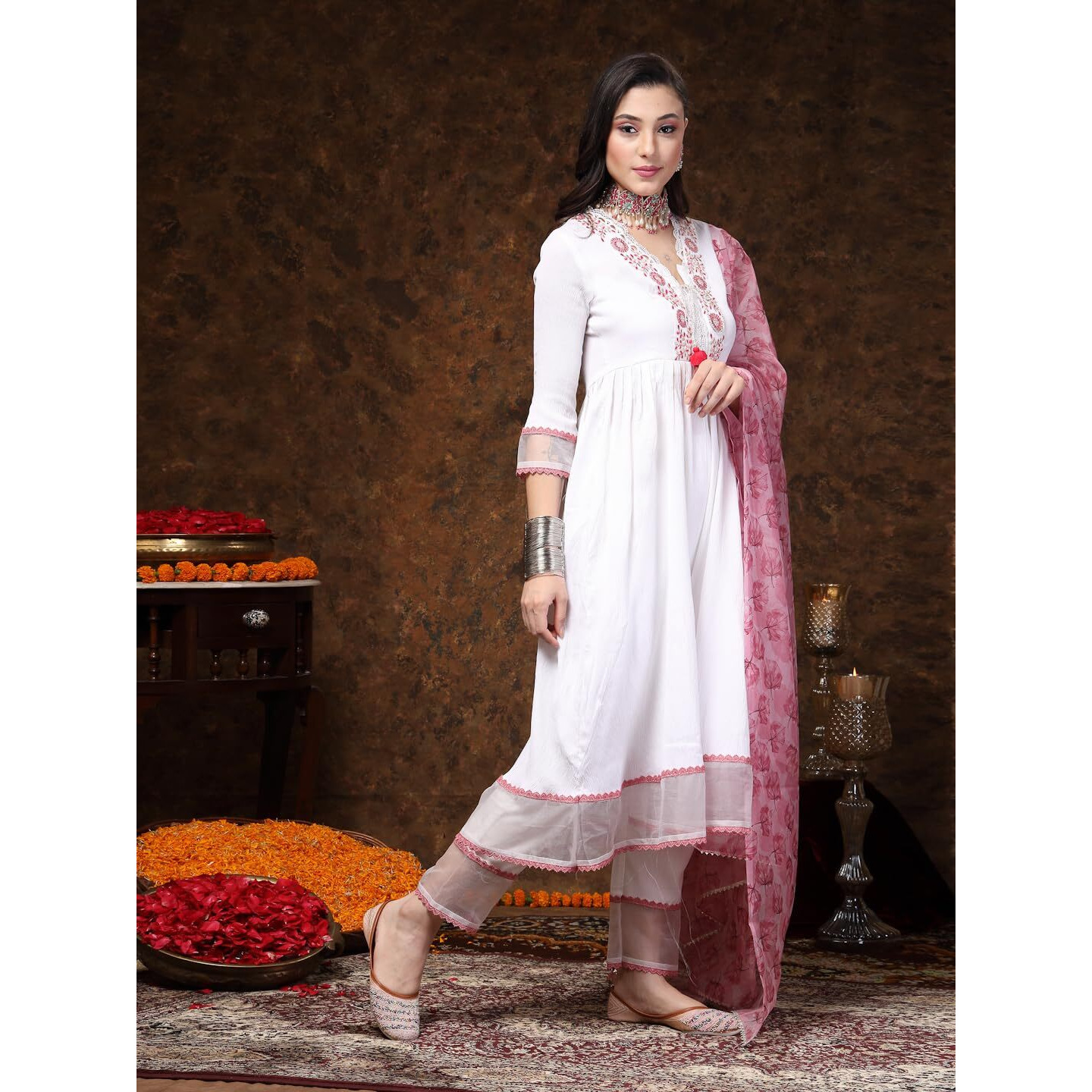 Stylum Women's White Solid & Embroidered Italian Crush Anarkali Kurta Pant Dupatta Set