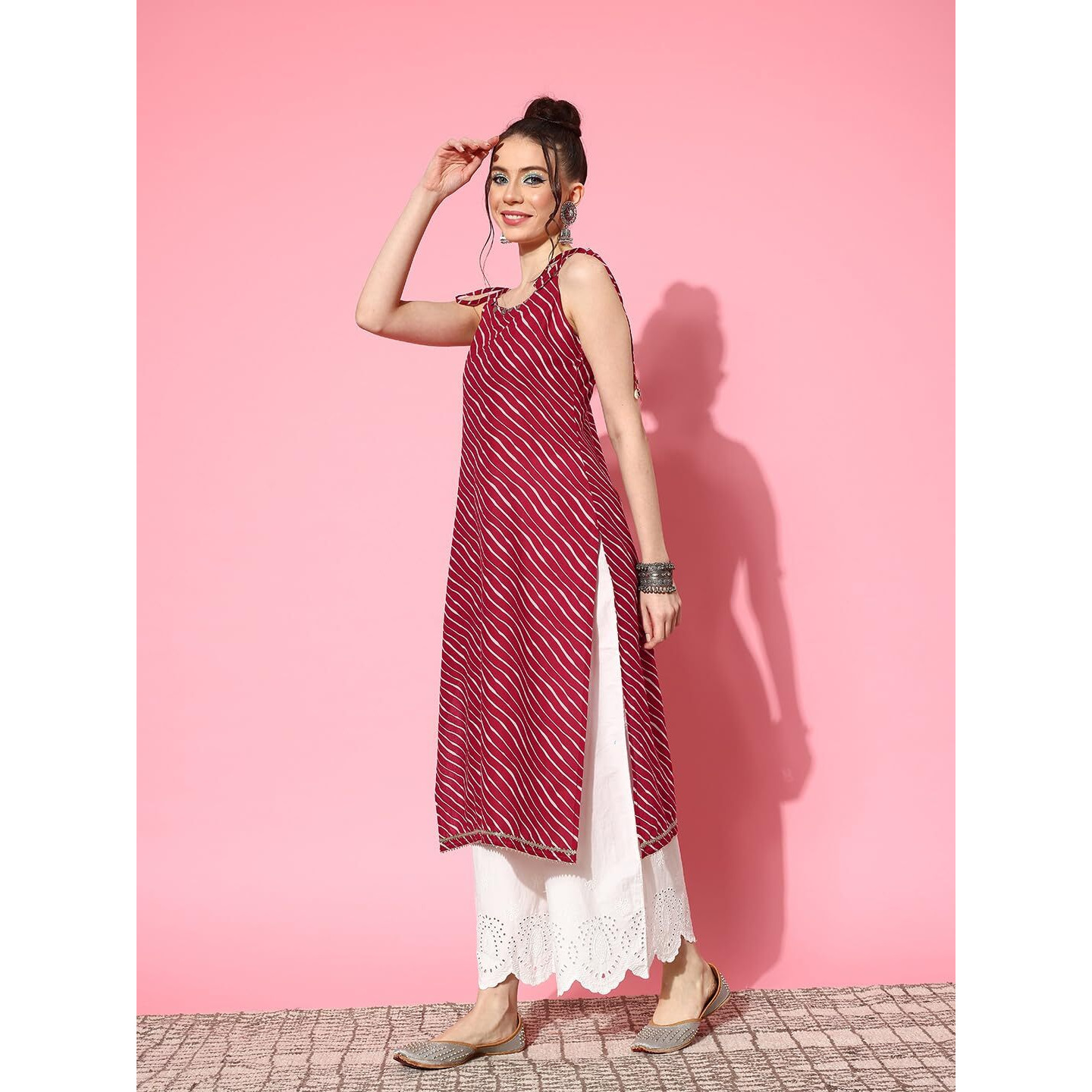 Stylum Women's Lehariya Printed Sleeveless Kurta (Redsurma42_Red, Xl)