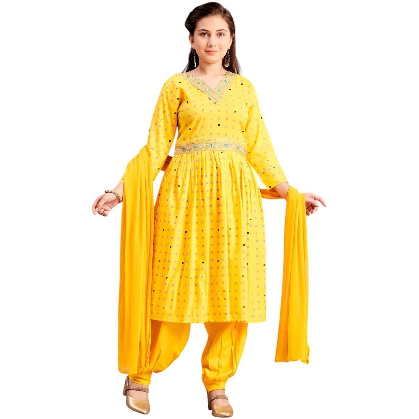 Aarika Girls Ethnic Wear Yellow Colour Foil Print Embroidery Rayon Kurti-8-15 Years (Kurti-Tr-K-1023)
