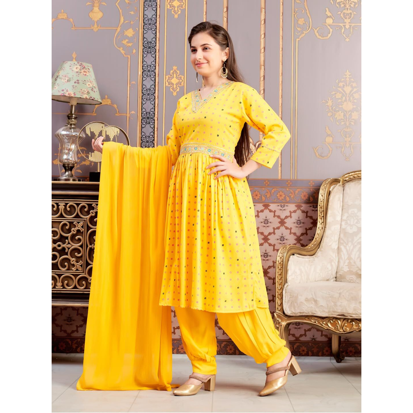 Aarika Girls Ethnic Wear Yellow Colour Foil Print Embroidery Rayon Kurti-8-15 Years (Kurti-Tr-K-1023)