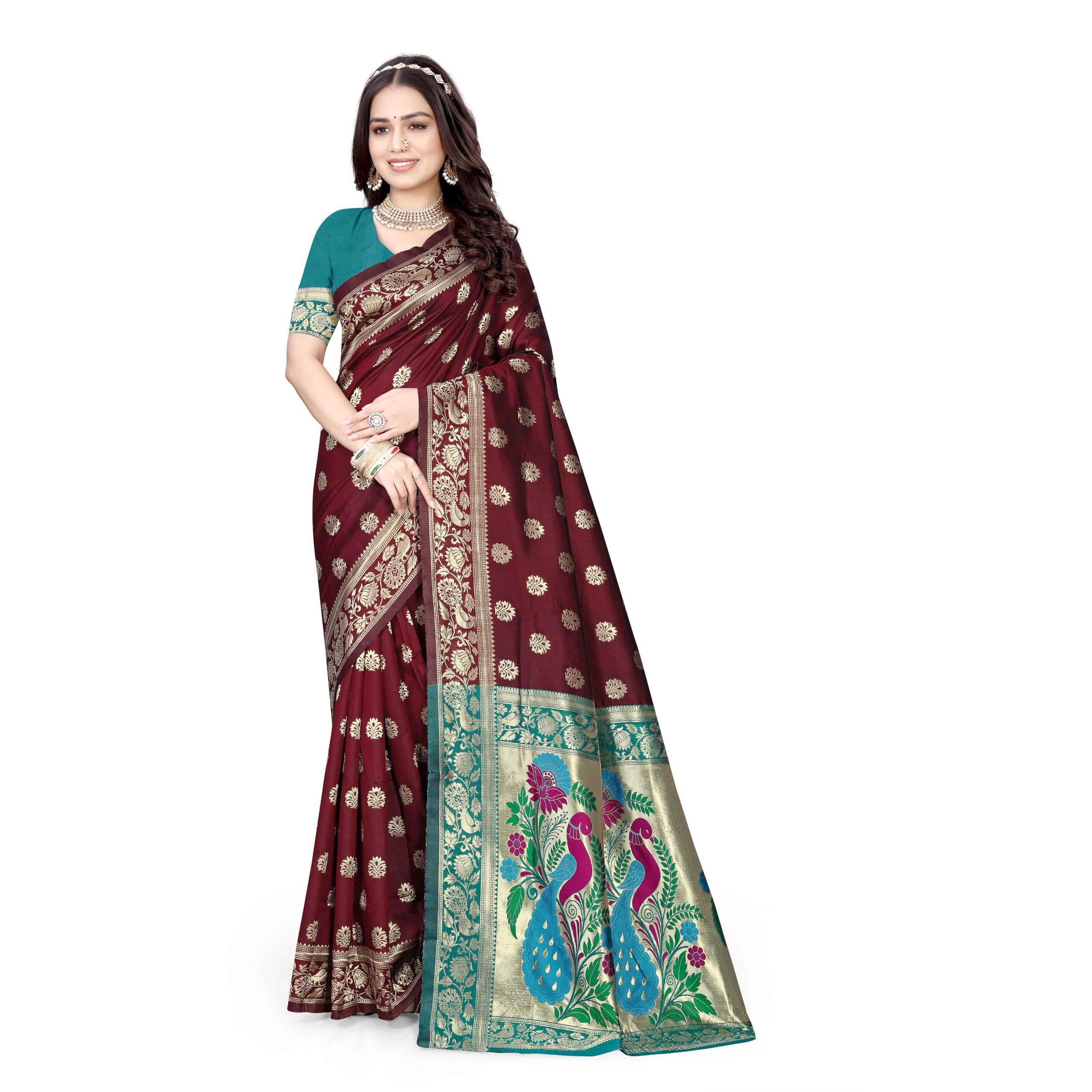 Sugathari Women's Banarasi Saree Pure Paithani Kanjivaram Silk Soft New Ladies 2024 Design Wear Pattu Sarees Latest Cotton Party Sari Collections With Blouse Piece For Wedding Sadi (Pari-203 Maroon)