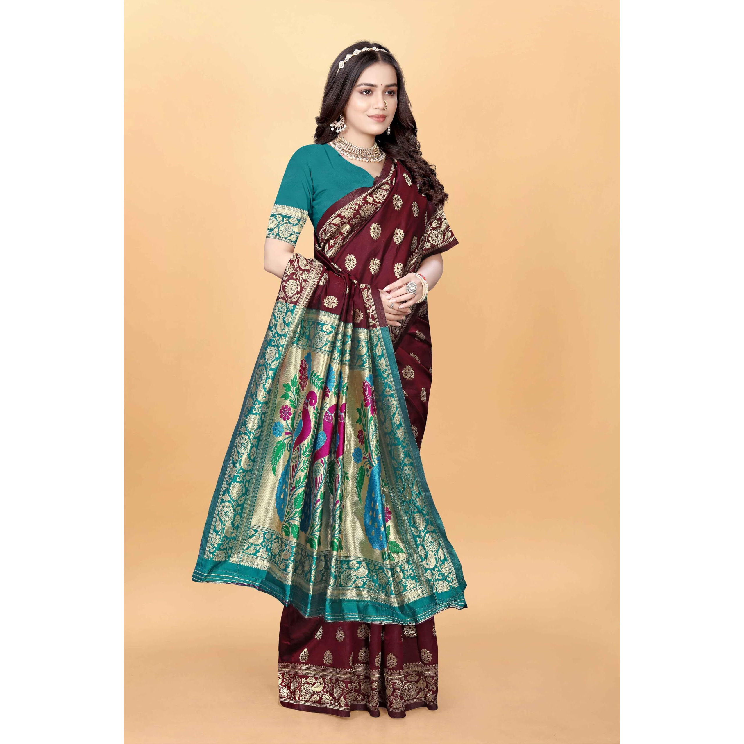 Sugathari Women's Banarasi Saree Pure Paithani Kanjivaram Silk Soft New Ladies 2024 Design Wear Pattu Sarees Latest Cotton Party Sari Collections With Blouse Piece For Wedding Sadi (Pari-203 Maroon)