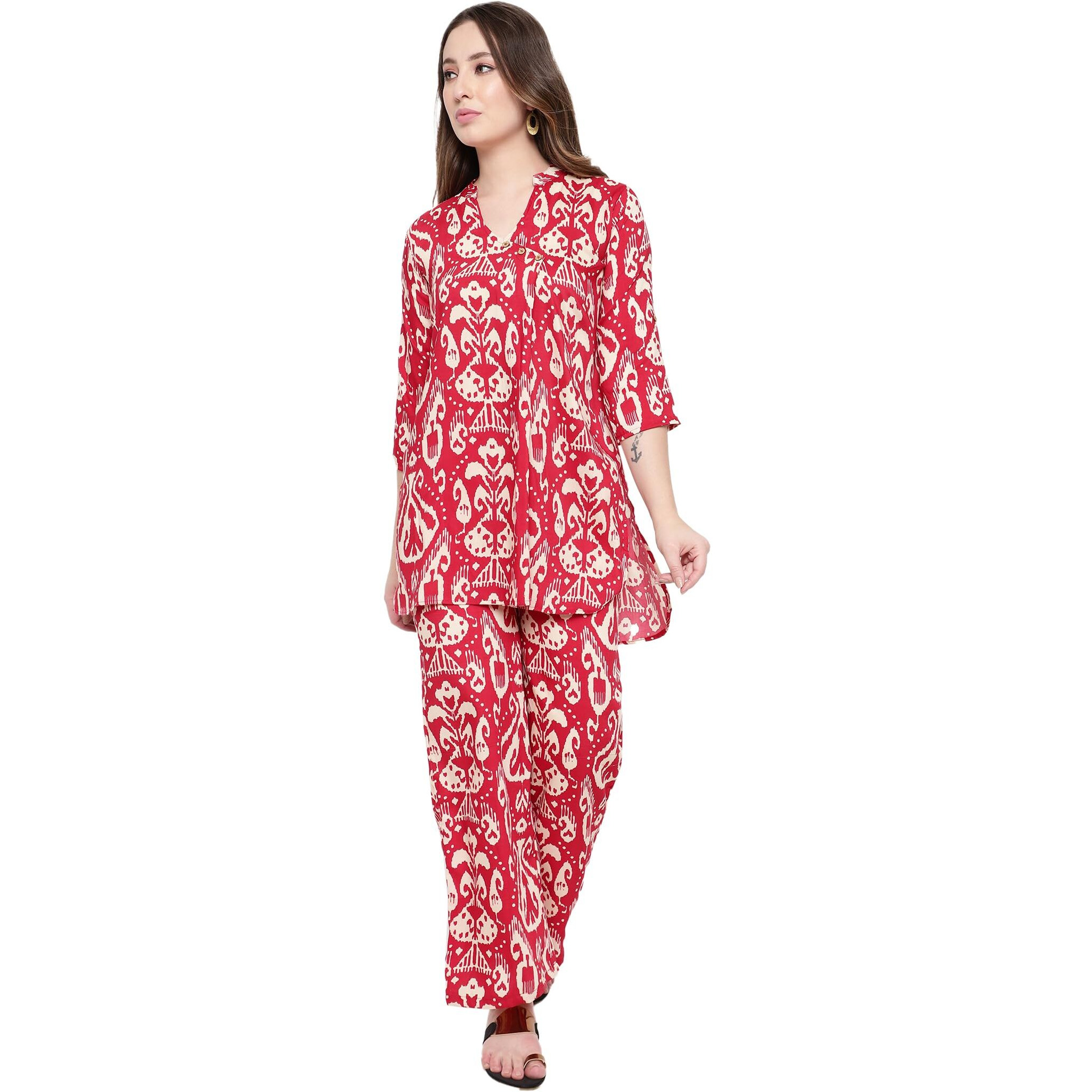 Sugathari Women's Dress Batik Maroon V-Neck Co-Ods Set For Women (Co-Ods 97 Batik Maroon S)