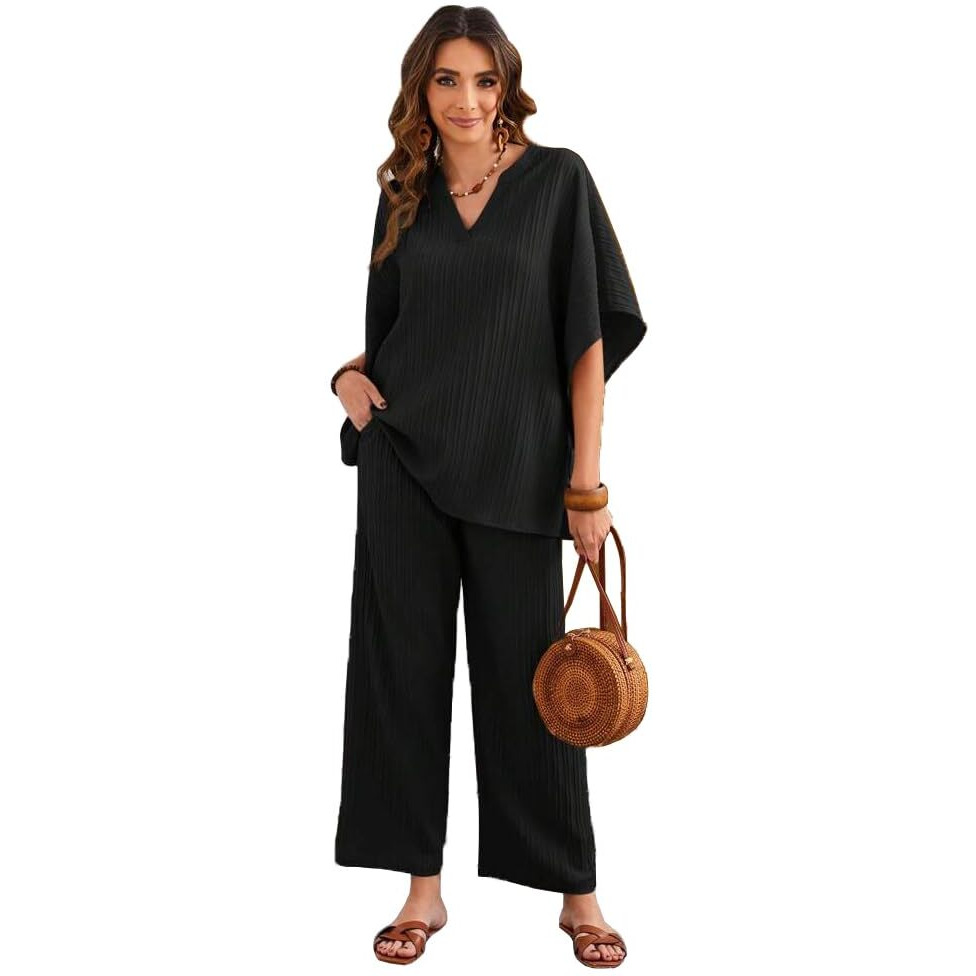 Tadkee Women's Solid Color V-Neck Kaftan Sleeve Casual Wear Co Ord Set | Kurta Set For Women (Fn-Sugar-Cord-121-Black-S)