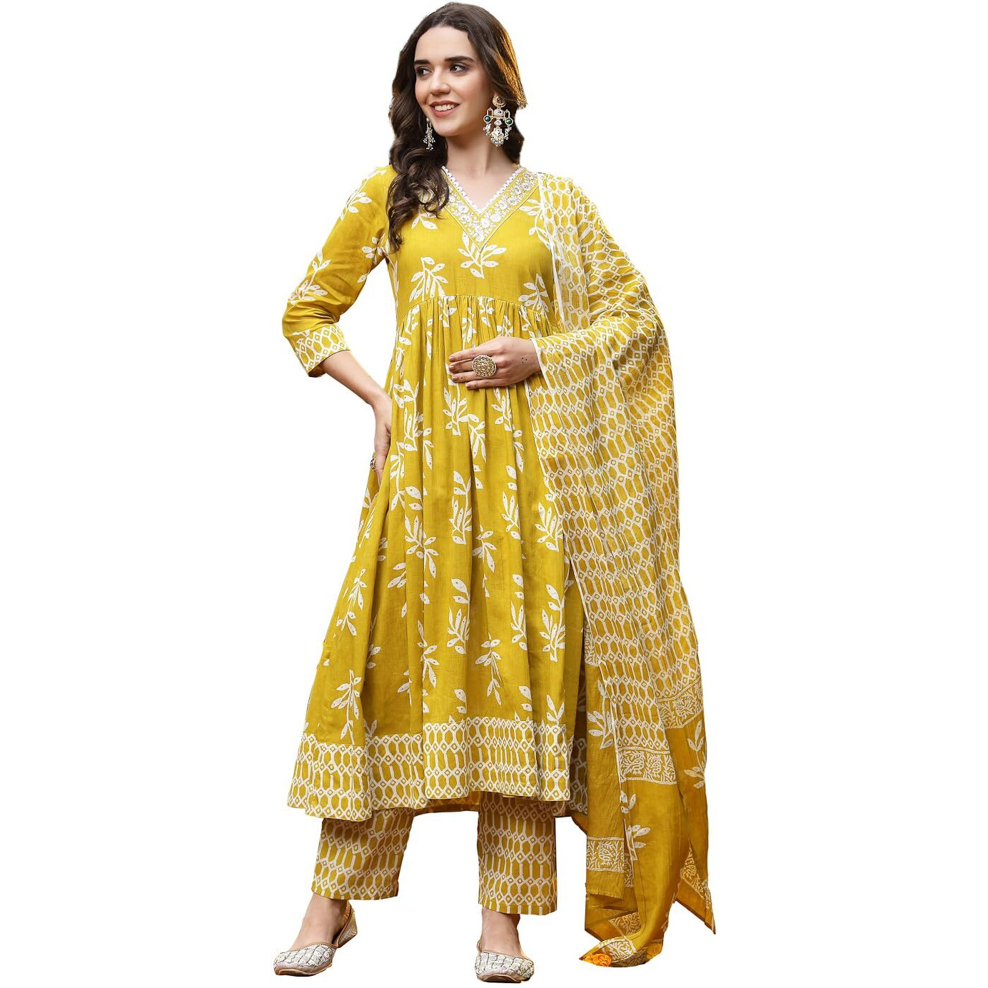 Stylum Women's Floral Printed Cotton Anarkali Kurta Pant Dupatta Set (Kpdyellowmani38_Yellow, M)