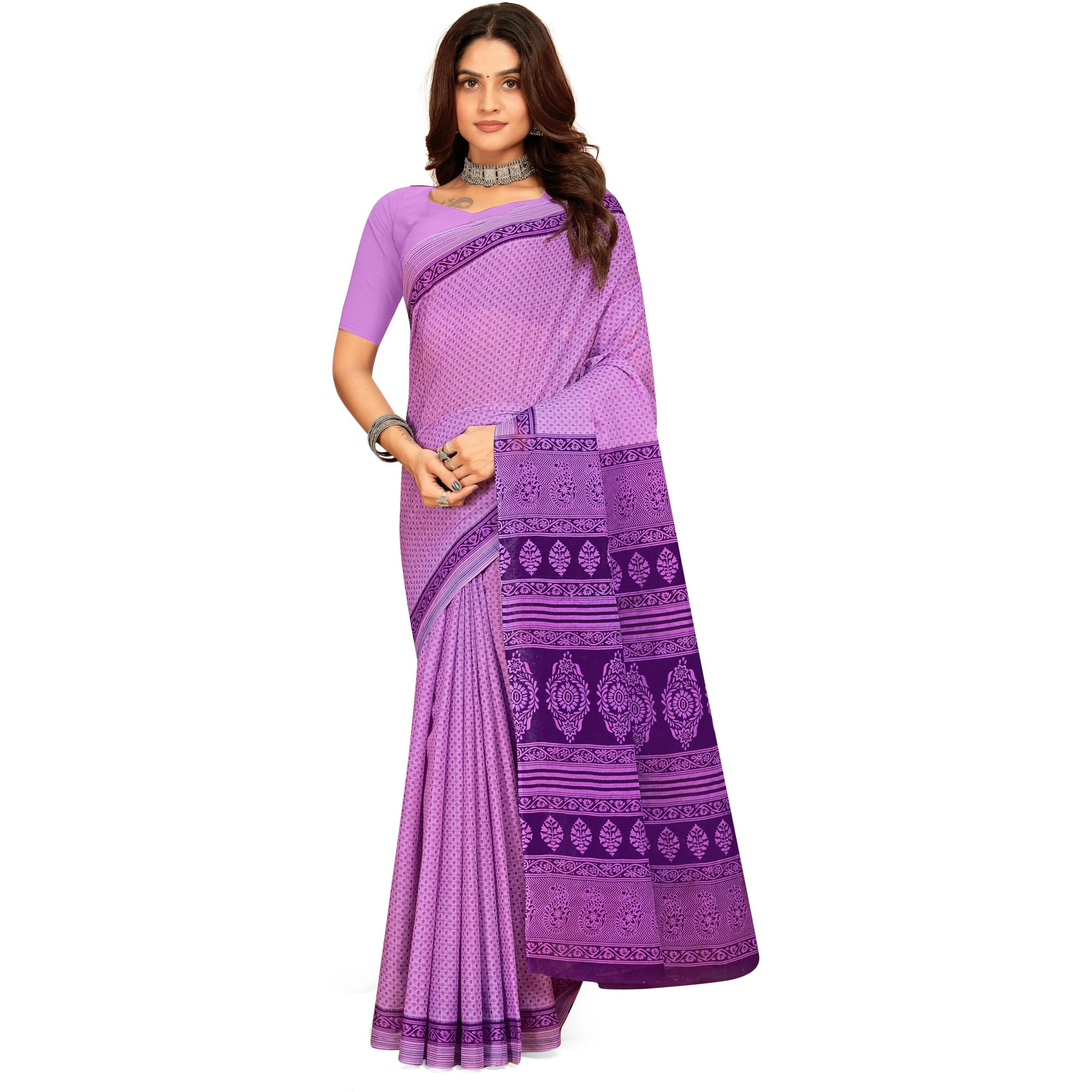 Tamaira Fashion Women's Floral Butti Printed Pure Cotton Mulmul Saree Without Blouse Piece(11497_Lilac)