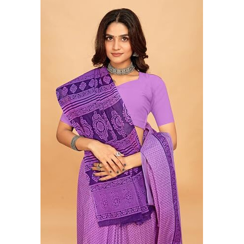 Tamaira Fashion Women's Floral Butti Printed Pure Cotton Mulmul Saree Without Blouse Piece(11497_Lilac)