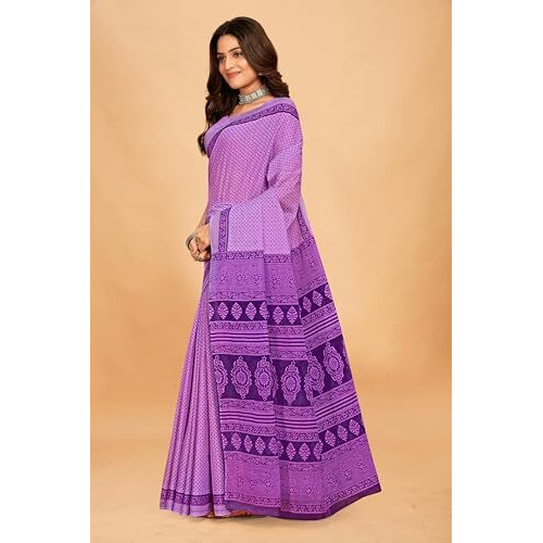 Tamaira Fashion Women's Floral Butti Printed Pure Cotton Mulmul Saree Without Blouse Piece(11497_Lilac)