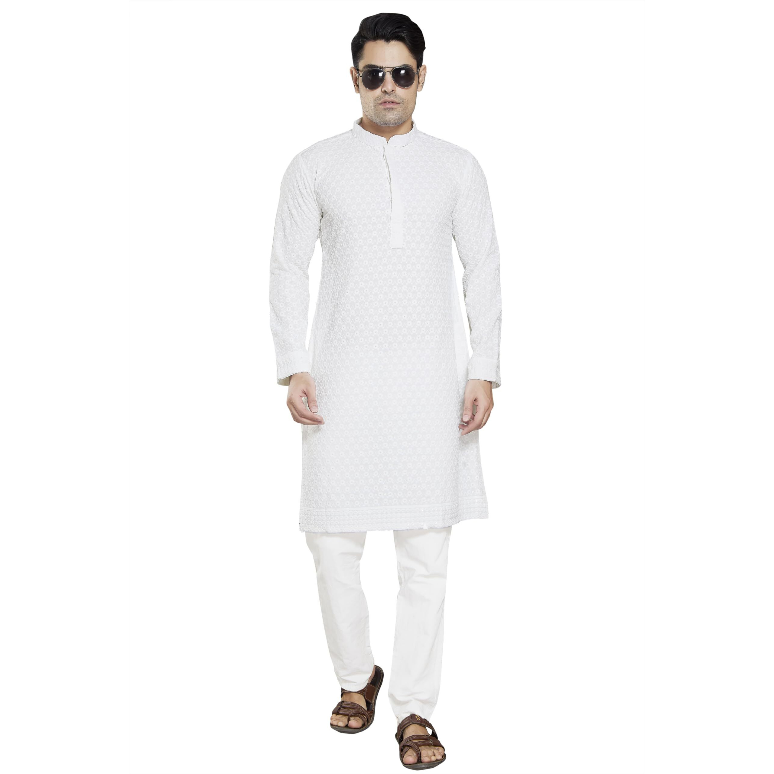 Divisive Men's Sequince Embroidered Cotton Blend Slim Fit Kurta Pyjama Set (Dkrt36_S_White)