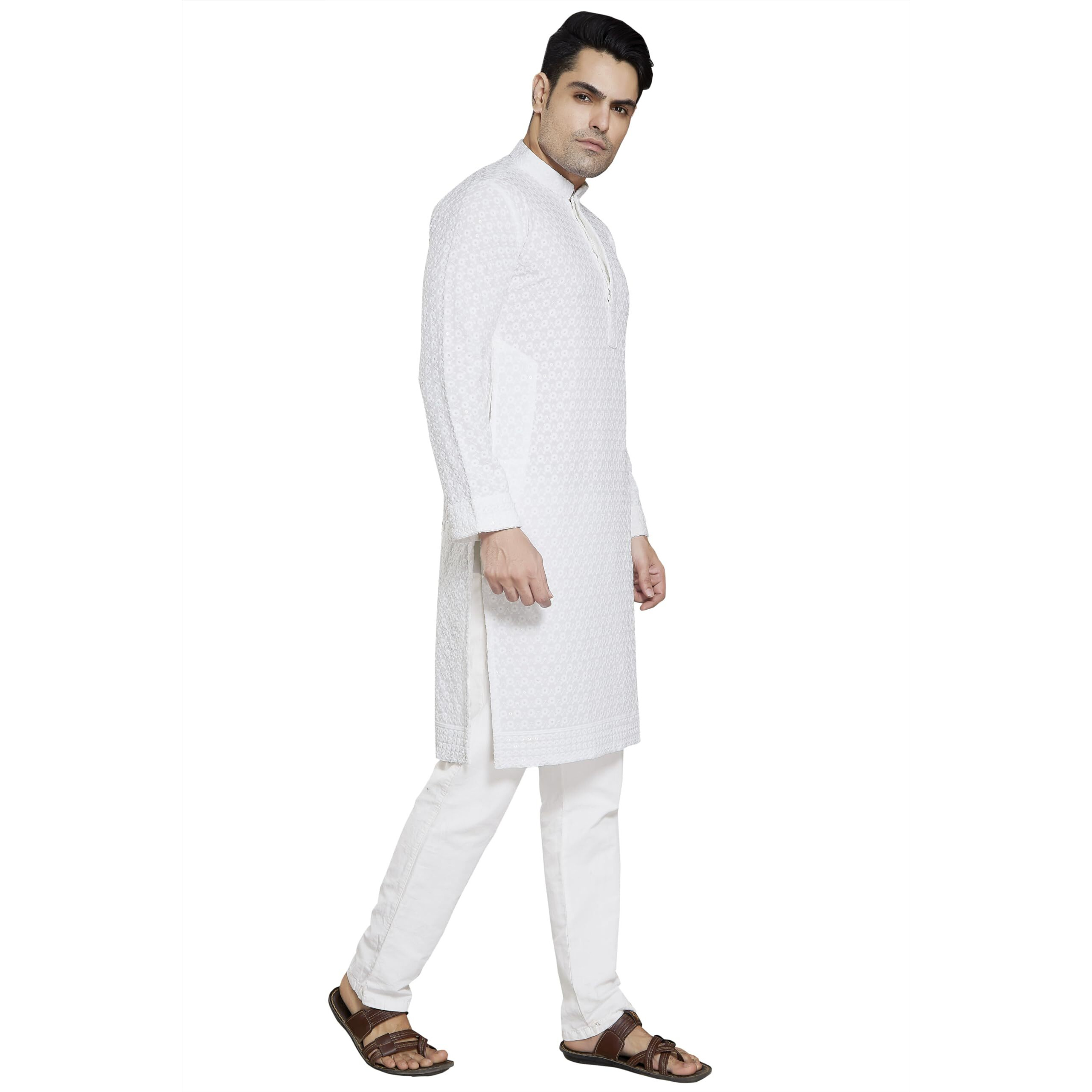 Divisive Men's Sequince Embroidered Cotton Blend Slim Fit Kurta Pyjama Set (Dkrt36_S_White)