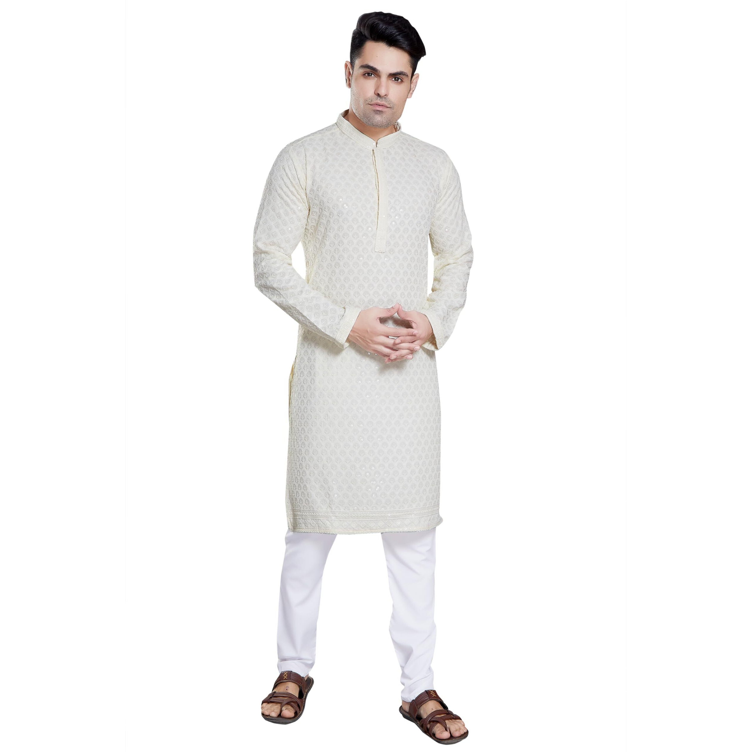 Divisive Men's Sequince Embroidered Cotton Blend Slim Fit Kurta Pyjama Set (Dkrt148_S_Cream)