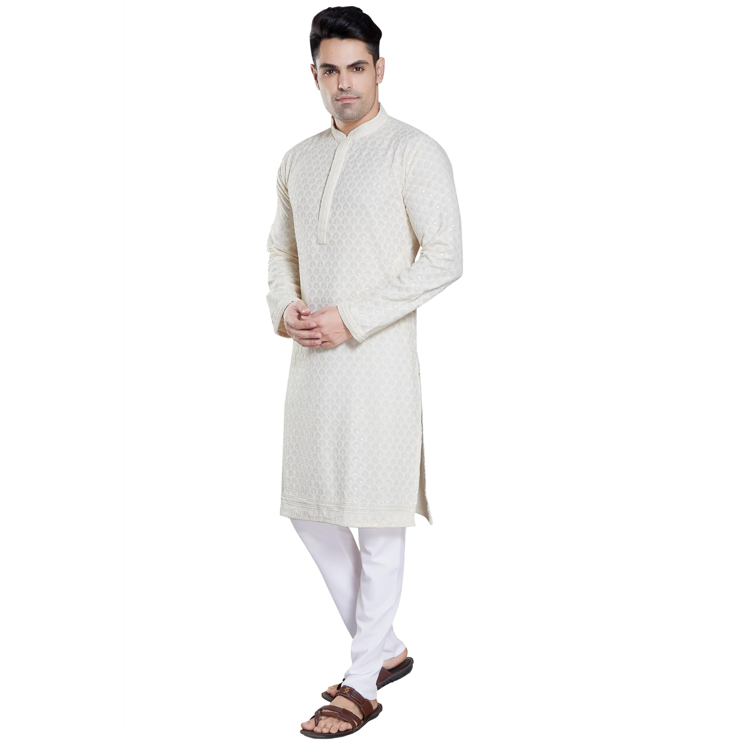 Divisive Men's Sequince Embroidered Cotton Blend Slim Fit Kurta Pyjama Set (Dkrt148_S_Cream)
