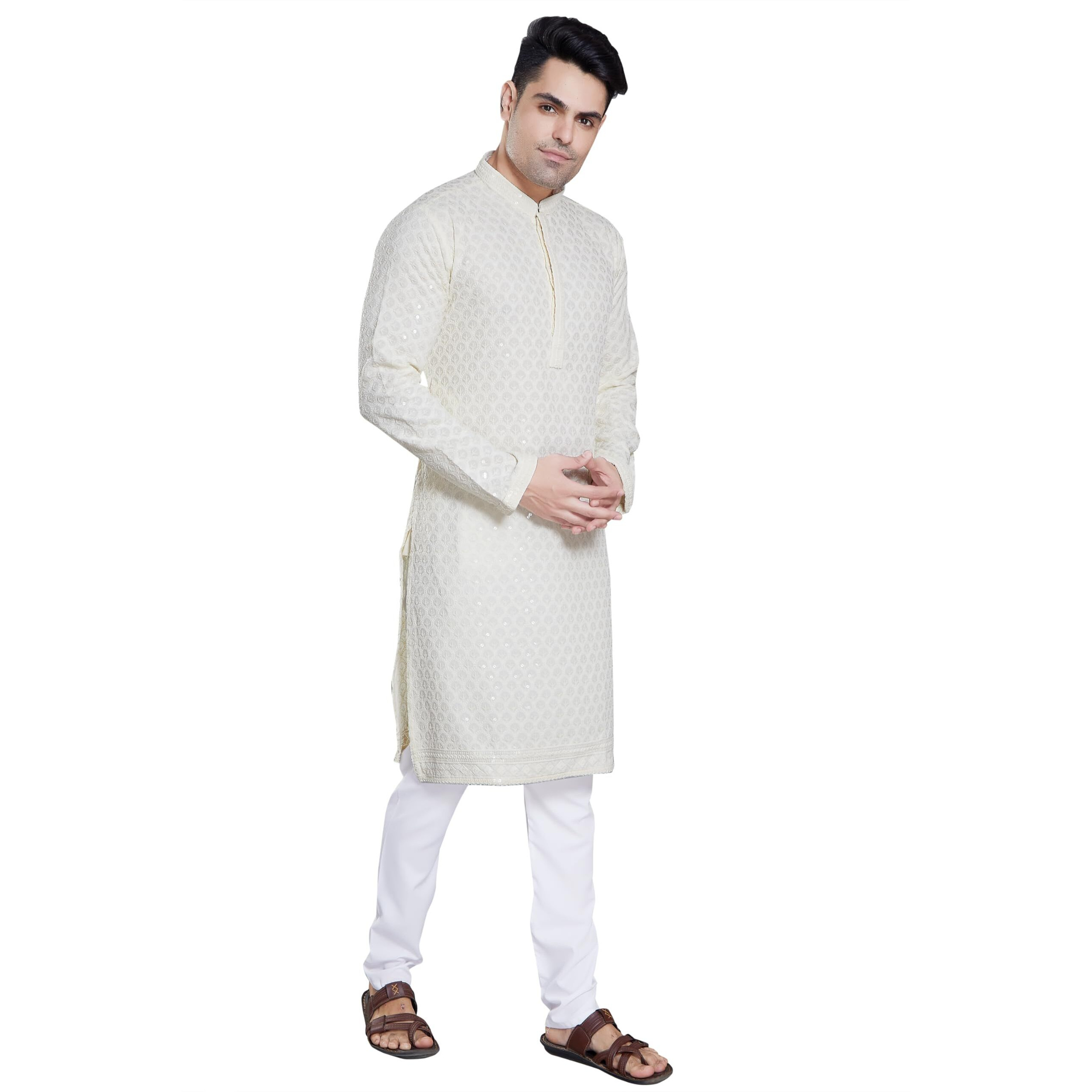 Divisive Men's Sequince Embroidered Cotton Blend Slim Fit Kurta Pyjama Set (Dkrt148_S_Cream)