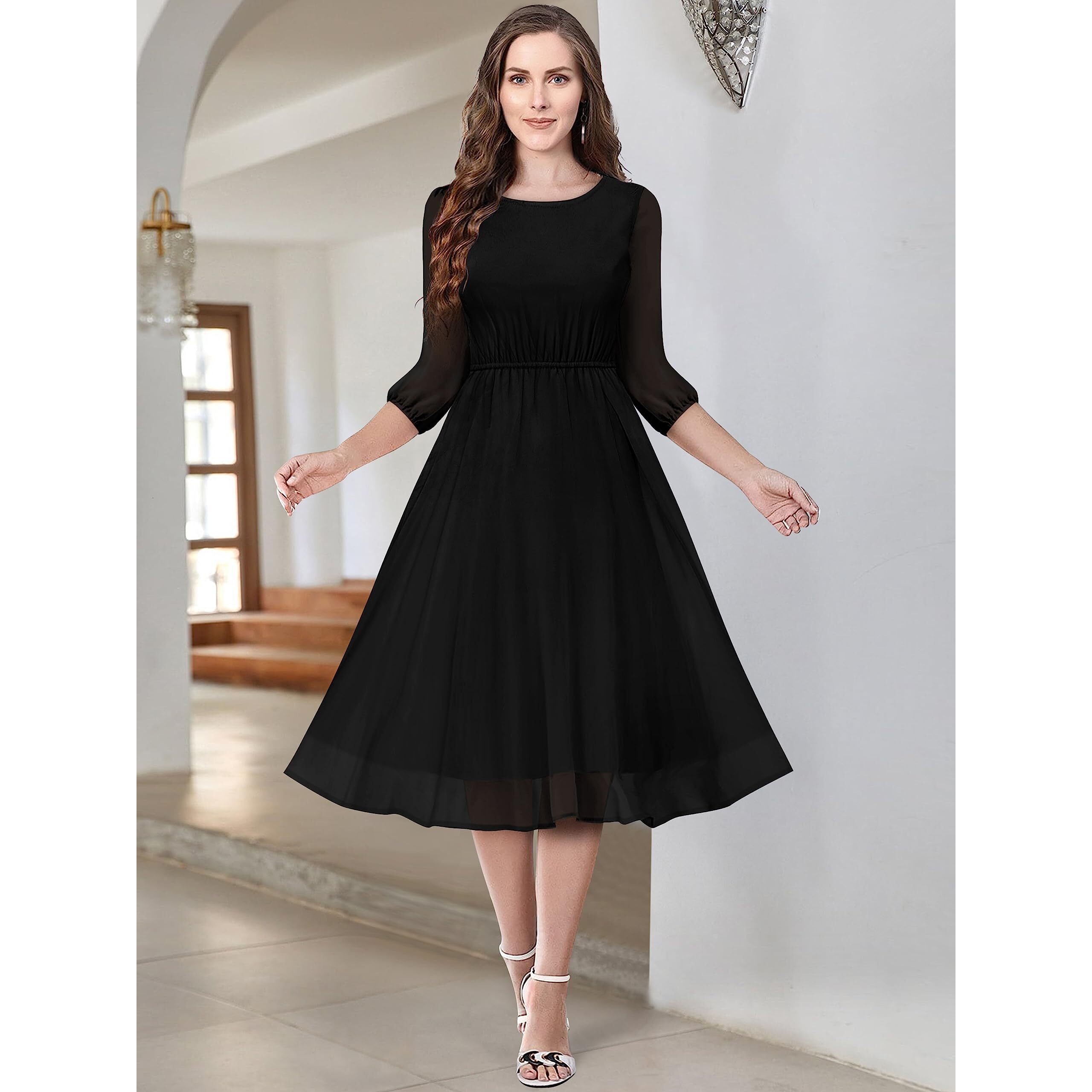Toochki Women's Georgette Fit And Flare Below The Knee Western Dress (Toochki089-Dr_Black