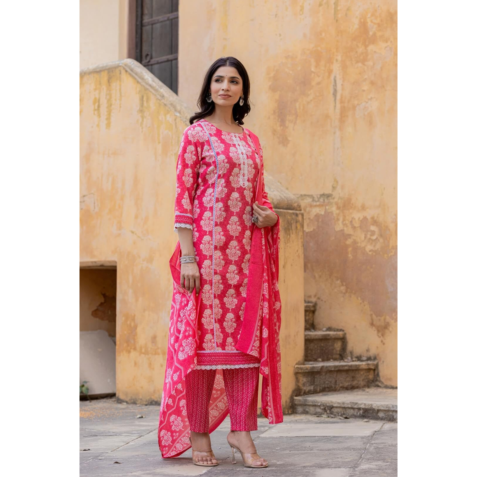 Varanga Women Printed Round Neck Straight Kurta With Bottom And Dupatta  Stylish & Comfortable Ethnic Wear