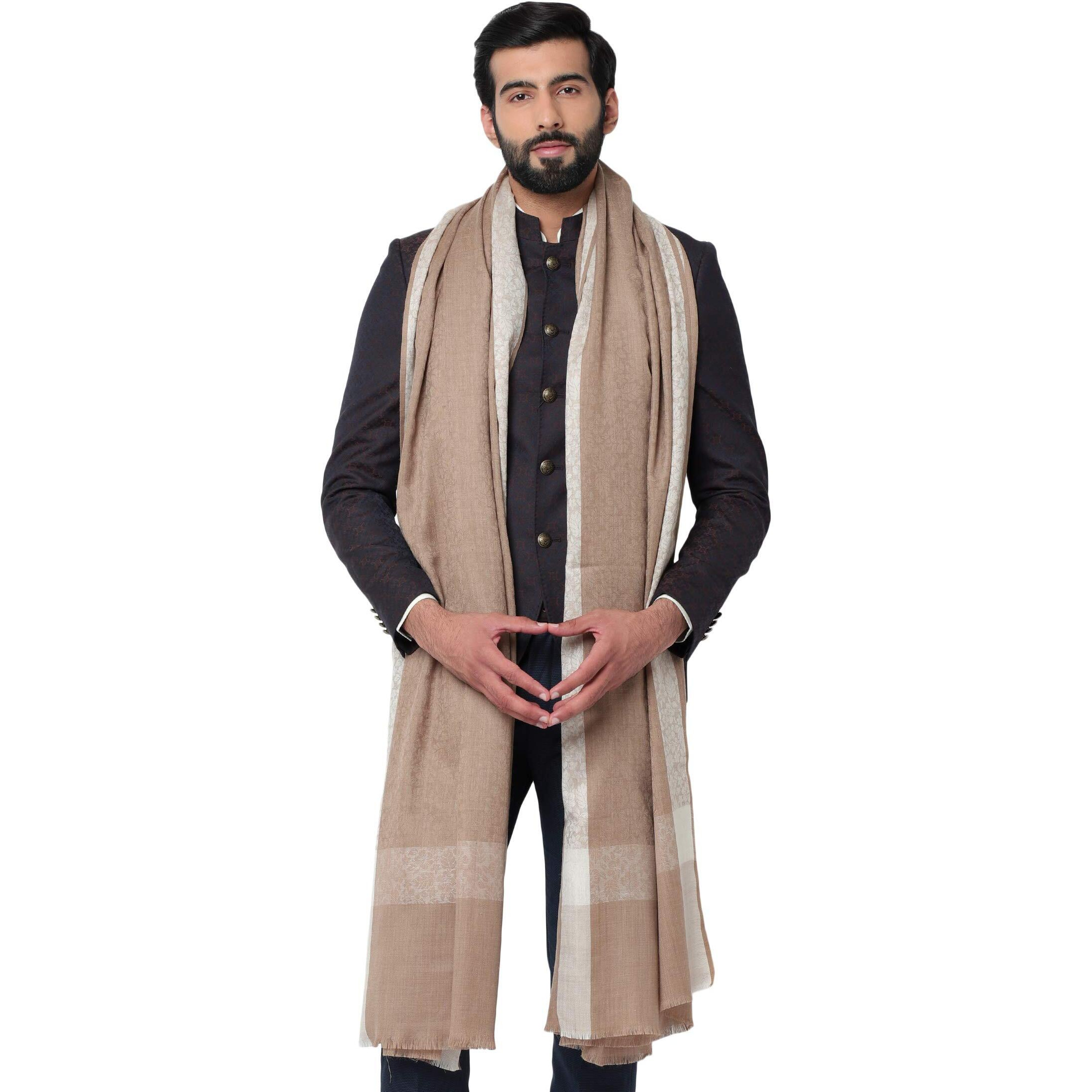 Weavers Villa Men's Woven Border Pure Wool Beige Lohi/Woollen Shawl, 125Cm X 250Cm