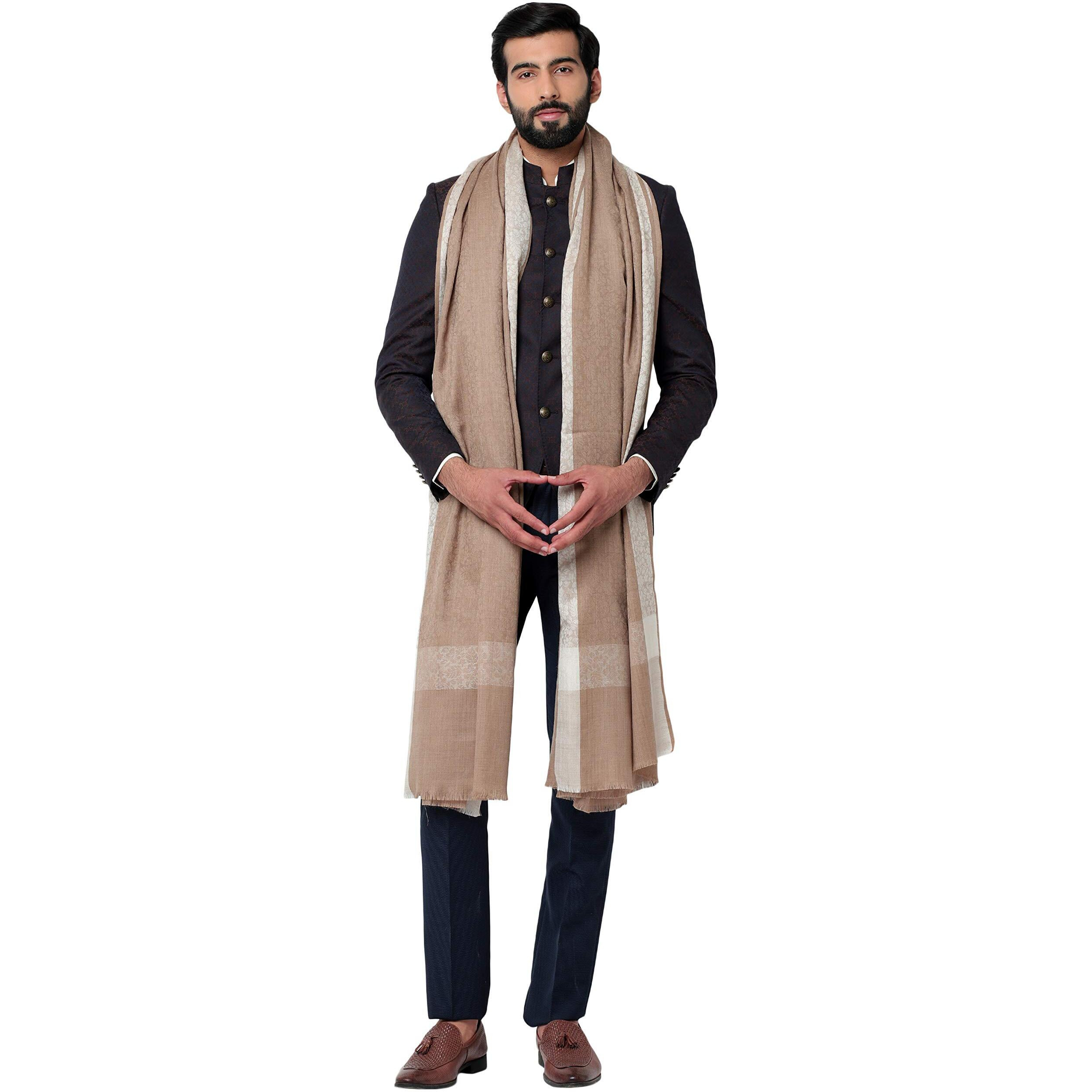 Weavers Villa Men's Woven Border Pure Wool Beige Lohi/Woollen Shawl, 125Cm X 250Cm