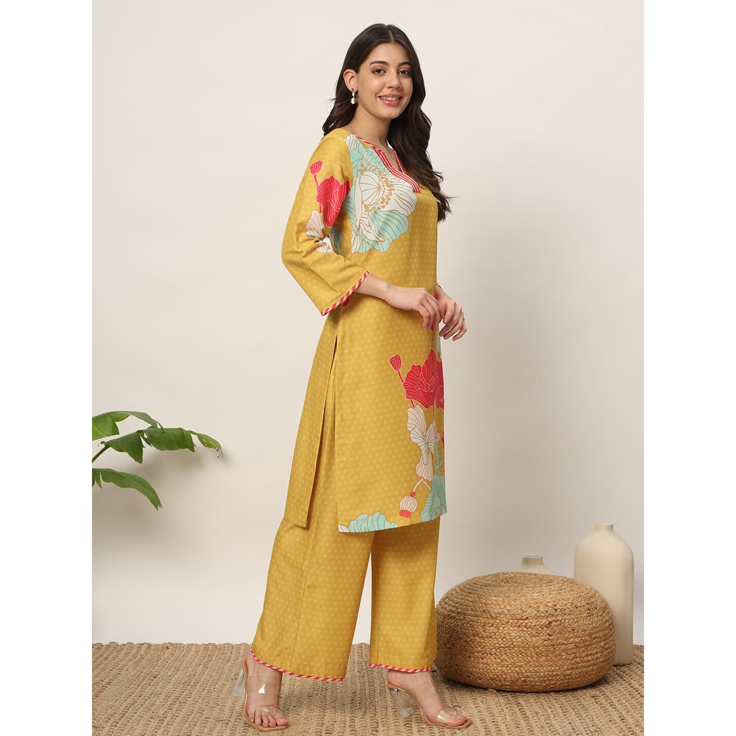 Fiorra Women's Yellow Cotton Blend Kurta And Palazzo Set Set0145