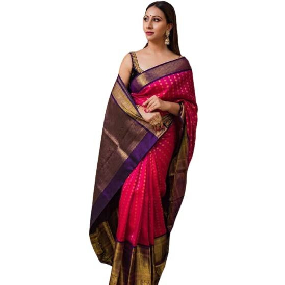 Flosive Women's Present Banarasi Soft Lichi Silk Saree Beautiful Jacquard Rich Pallu Design Work Zari Woven Kanjivaram Silk Style Saree With Soft Lichi Silk Blouse Piece Ayn Royal Mix (Pink).