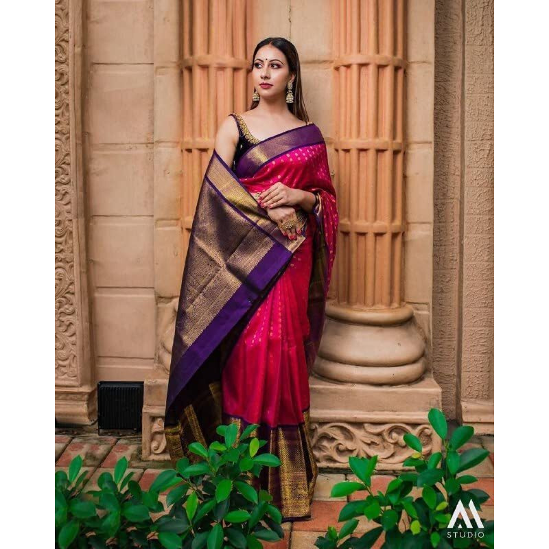 Flosive Women's Present Banarasi Soft Lichi Silk Saree Beautiful Jacquard Rich Pallu Design Work Zari Woven Kanjivaram Silk Style Saree With Soft Lichi Silk Blouse Piece Ayn Royal Mix (Pink).