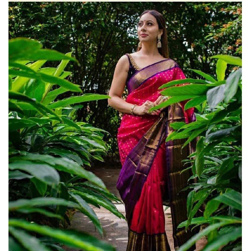 Flosive Women's Present Banarasi Soft Lichi Silk Saree Beautiful Jacquard Rich Pallu Design Work Zari Woven Kanjivaram Silk Style Saree With Soft Lichi Silk Blouse Piece Ayn Royal Mix (Pink).