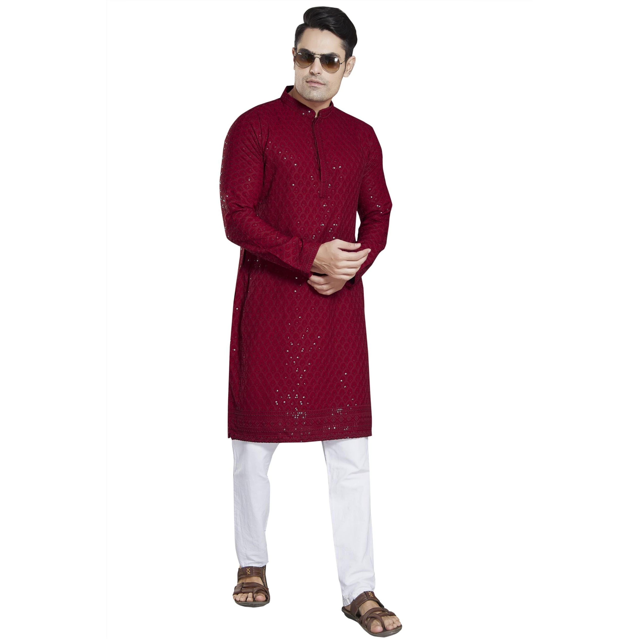 Divisive Men's Sequince Embroidered Cotton Blend Slim Fit Kurta Pyjama Set (Dkrt26_S_Red)