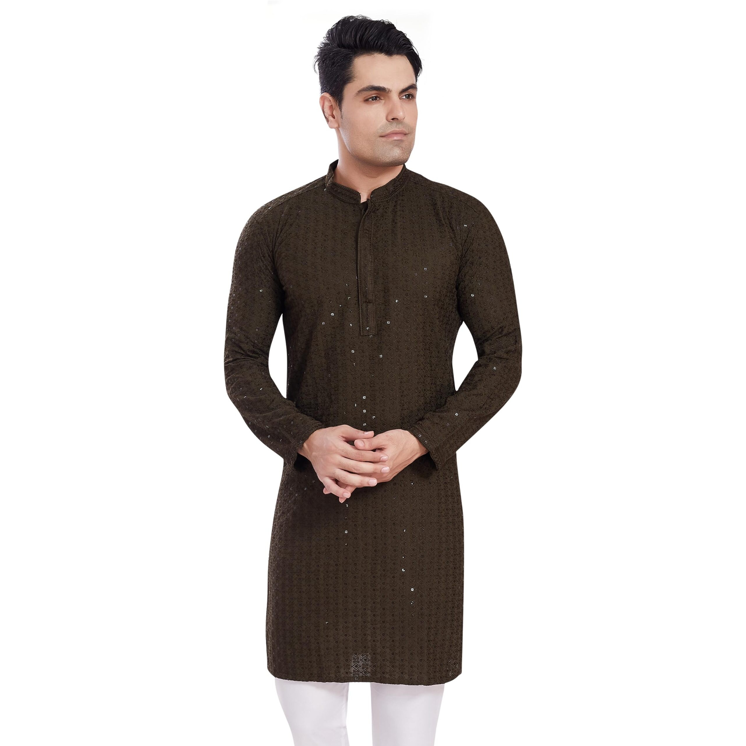 Divisive Men's Sequince Embroidered Cotton Blend Only Slim Fit Kurta (Dkrt514_M_Mehndi)