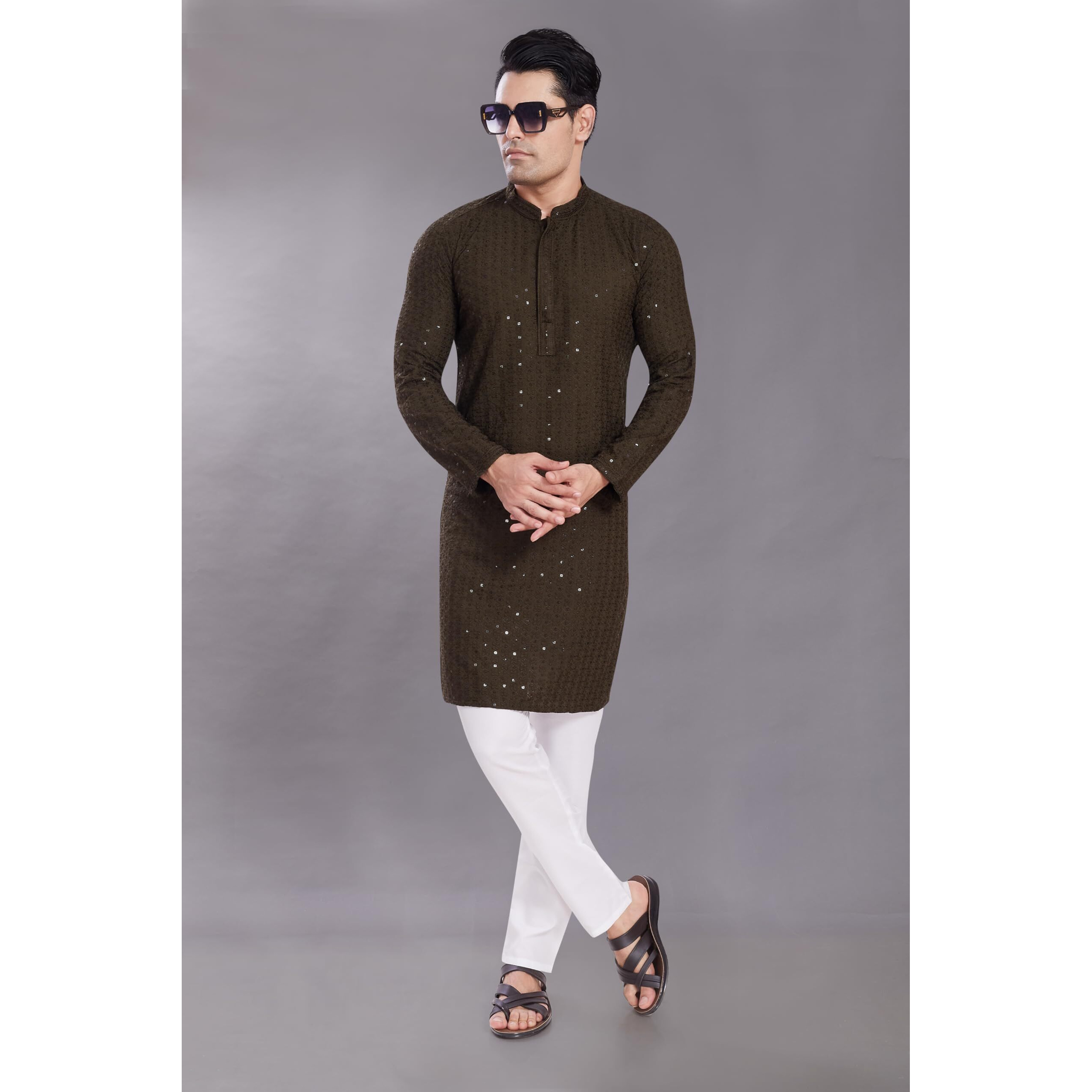 Divisive Men's Sequince Embroidered Cotton Blend Only Slim Fit Kurta (Dkrt514_M_Mehndi)