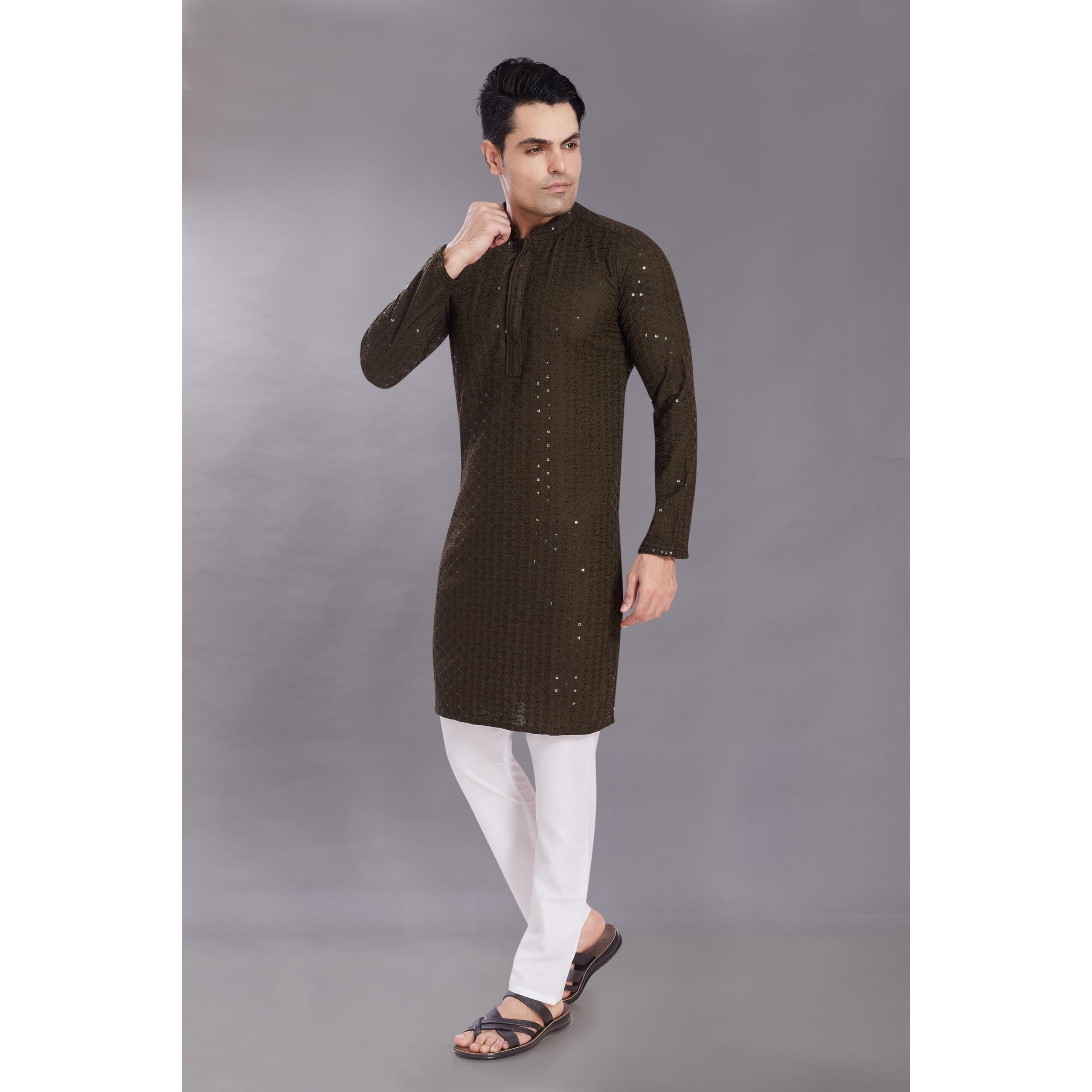 Divisive Men's Sequince Embroidered Cotton Blend Only Slim Fit Kurta (Dkrt514_M_Mehndi)