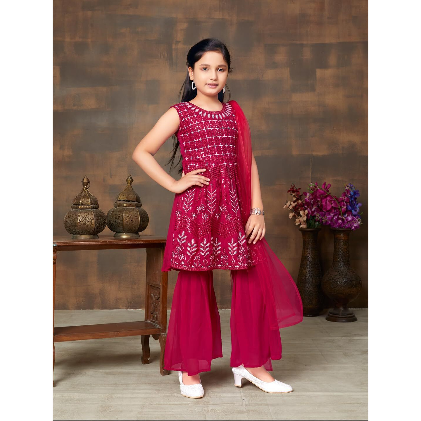 Aarika Girls Ethnic Wear Rani Colour Sequin Embroidery Georgette Kurti Sharara Set (4-10 Years)
