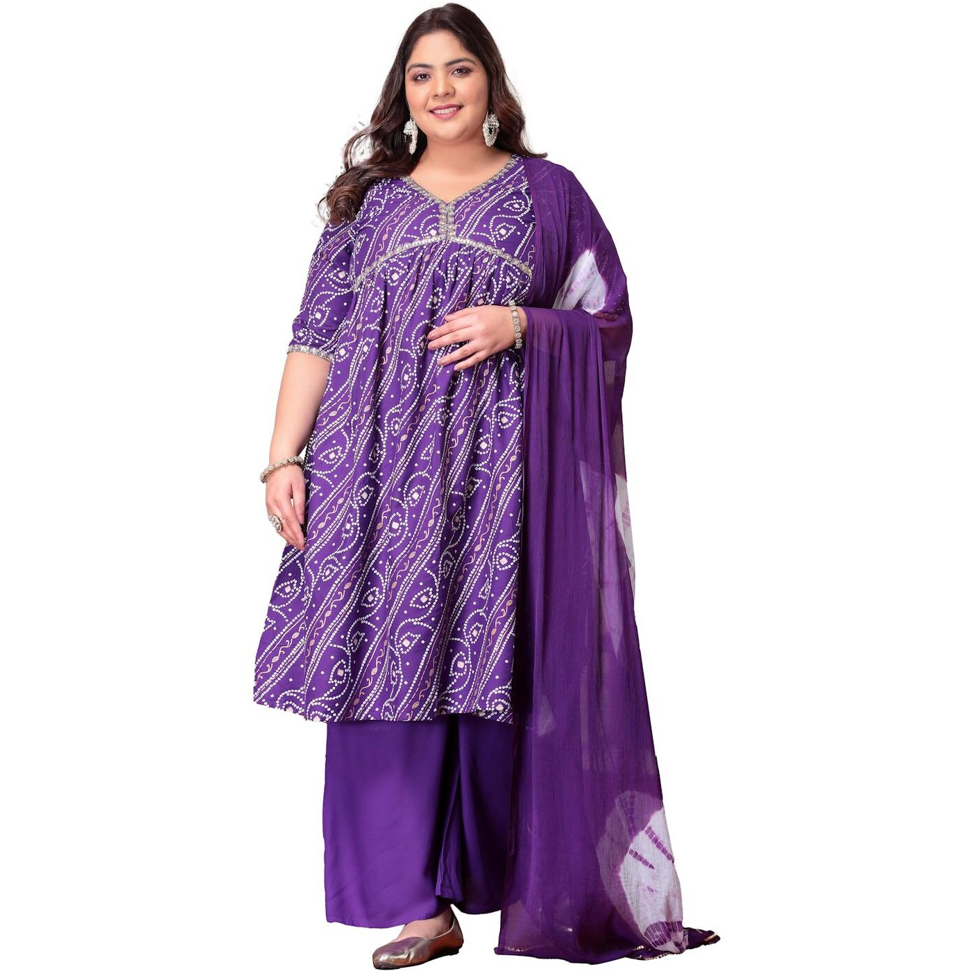 Stylum Plus Size Women Bandhej Printed Rayon Naira Cut Kurta Palazzo Dupatta Set (Kpdvoilcharliplus52_Violet, 6Xl)