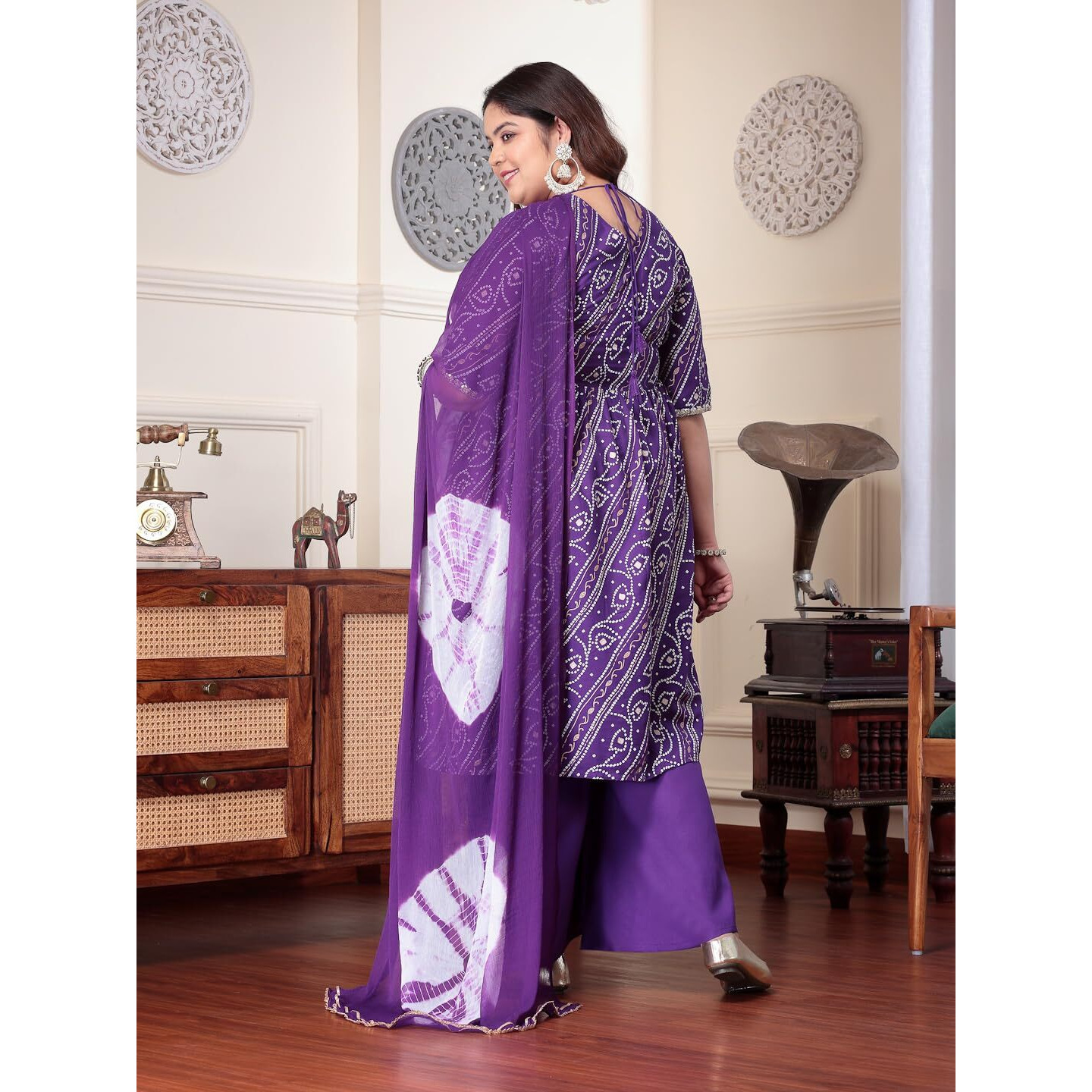 Stylum Plus Size Women Bandhej Printed Rayon Naira Cut Kurta Palazzo Dupatta Set (Kpdvoilcharliplus52_Violet, 6Xl)