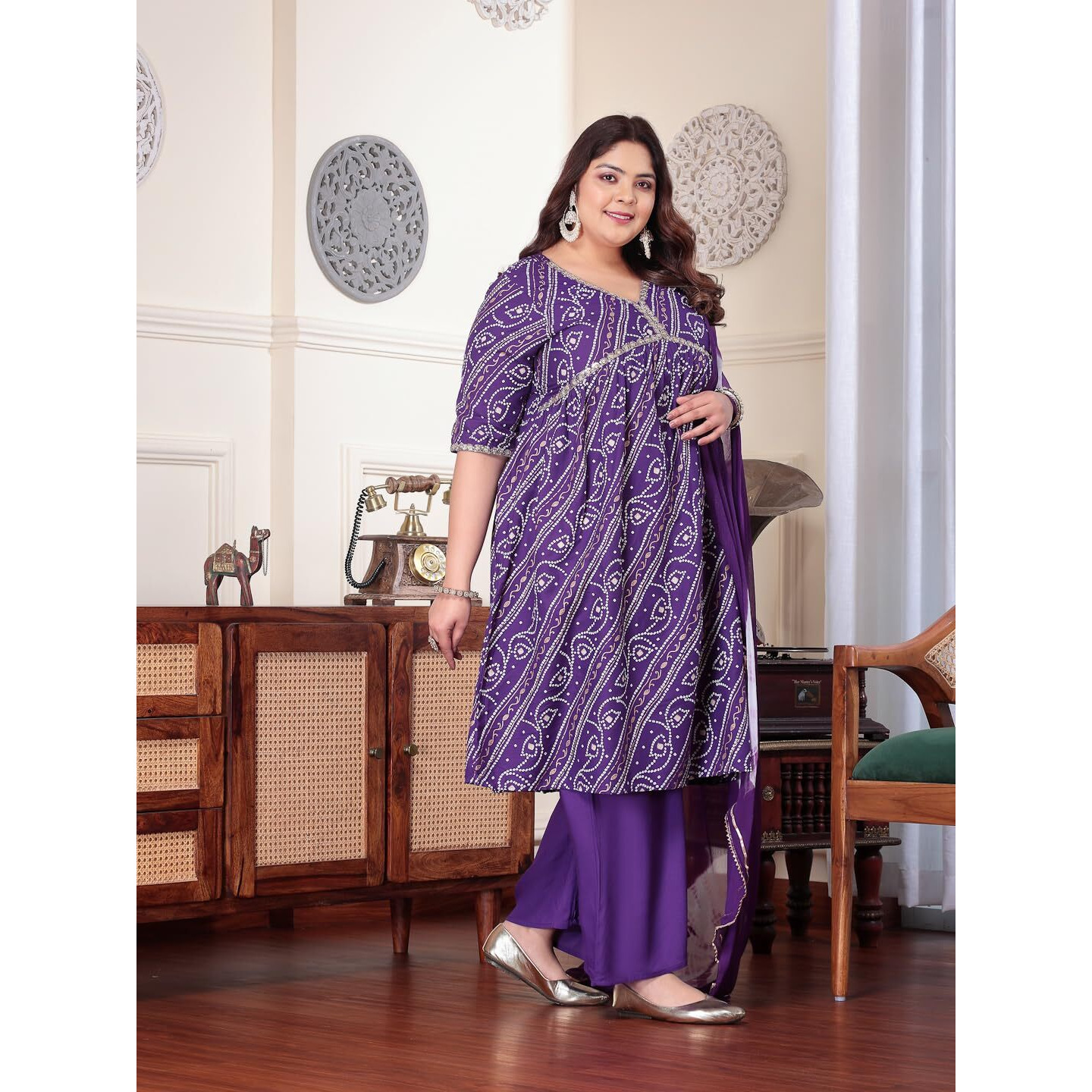 Stylum Plus Size Women Bandhej Printed Rayon Naira Cut Kurta Palazzo Dupatta Set (Kpdvoilcharliplus52_Violet, 6Xl)