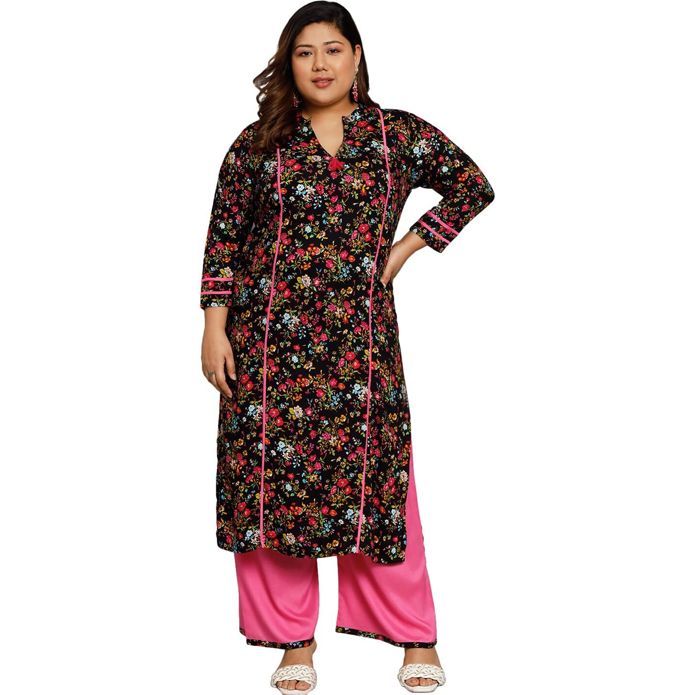 Tissu Women's Plus Size Black & Pink Floral Printed Kurta With Palazzo (T-Plus-650_Black_7Xl)