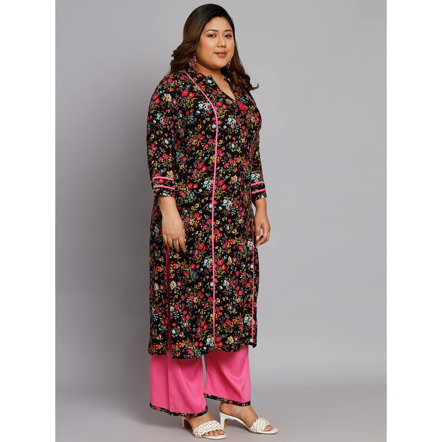 Tissu Women's Plus Size Black & Pink Floral Printed Kurta With Palazzo (T-Plus-650_Black_7Xl)