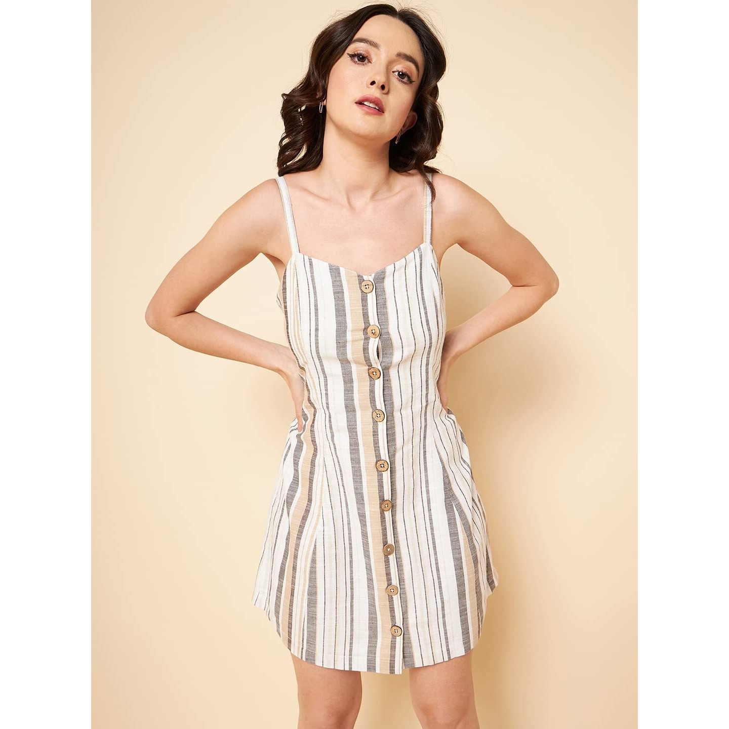 High Star Women's Cotton Fit And Flare Mini Dresses (Hswdrs23001_Be_Beige_L)