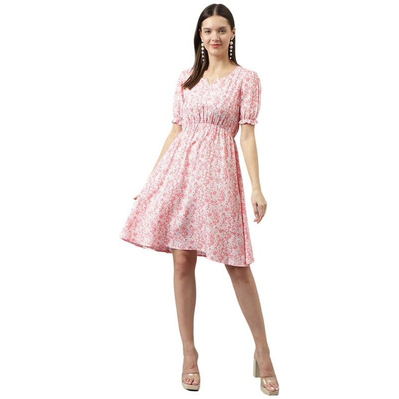 Toochki Women's Pink Rayon Abstract Fit & Flared Western Dress | Dress For Women | A Line Dress | Winter Dress | Western Dress | Latest Women Dress | Trendy Dress | Midi Dress