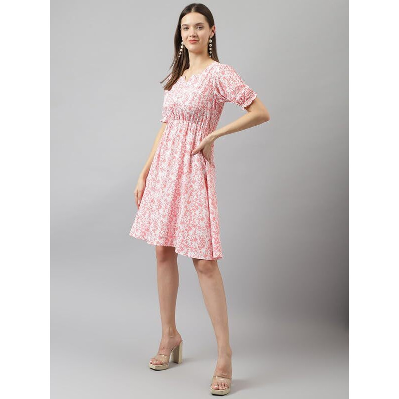 Toochki Women's Pink Rayon Abstract Fit & Flared Western Dress | Dress For Women | A Line Dress | Winter Dress | Western Dress | Latest Women Dress | Trendy Dress | Midi Dress