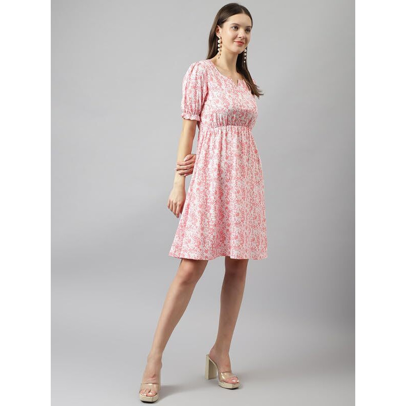 Toochki Women's Pink Rayon Abstract Fit & Flared Western Dress | Dress For Women | A Line Dress | Winter Dress | Western Dress | Latest Women Dress | Trendy Dress | Midi Dress