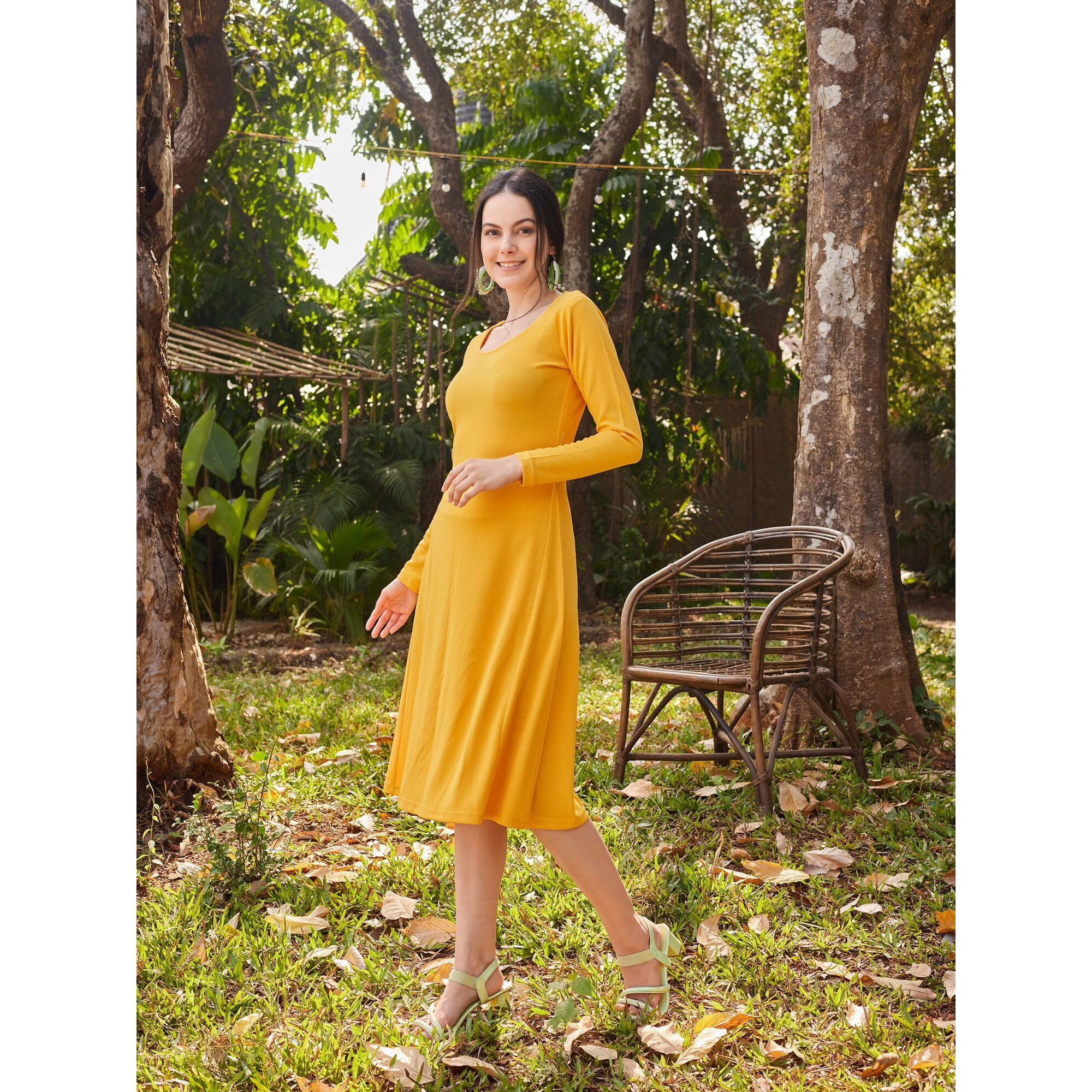 Purvaja Womens Flared Knee Length Dress (Wini-114_Yellow_Small)