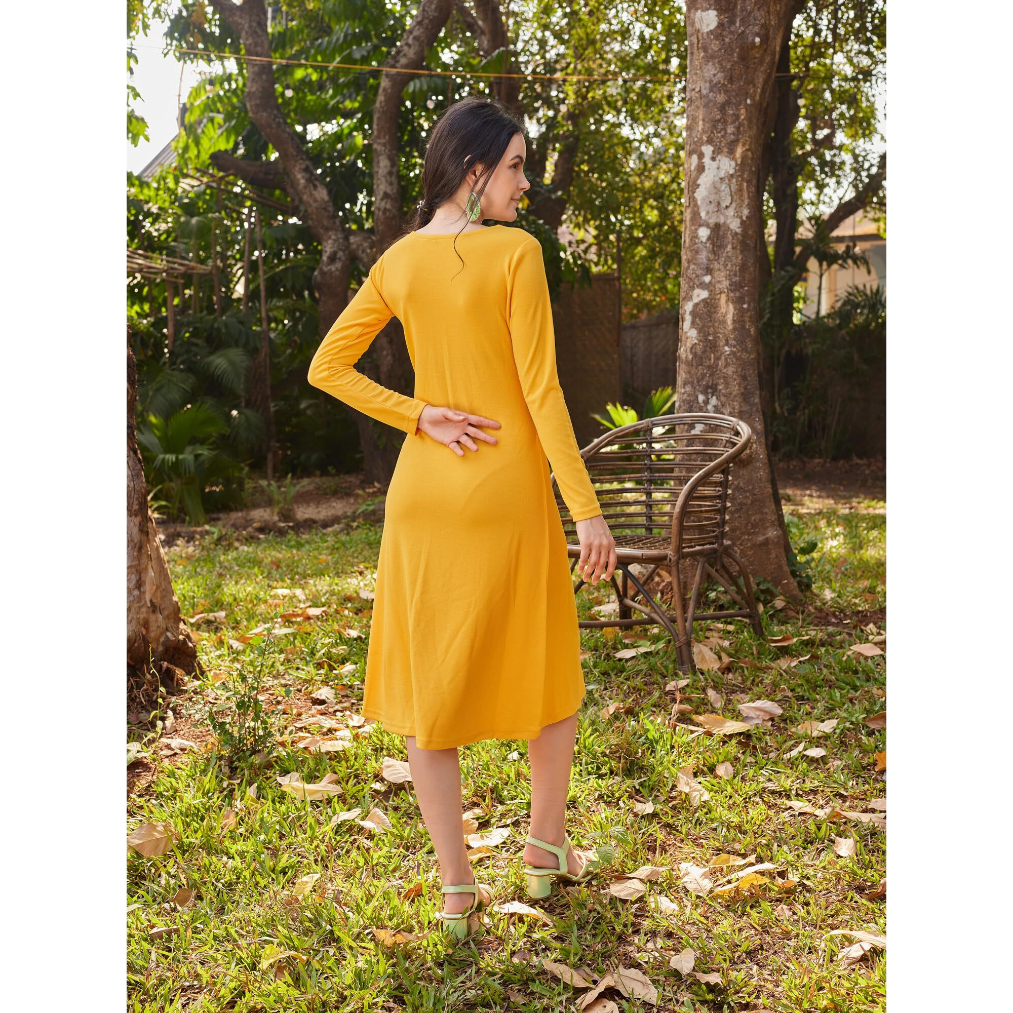 Purvaja Womens Flared Knee Length Dress (Wini-114_Yellow_Small)