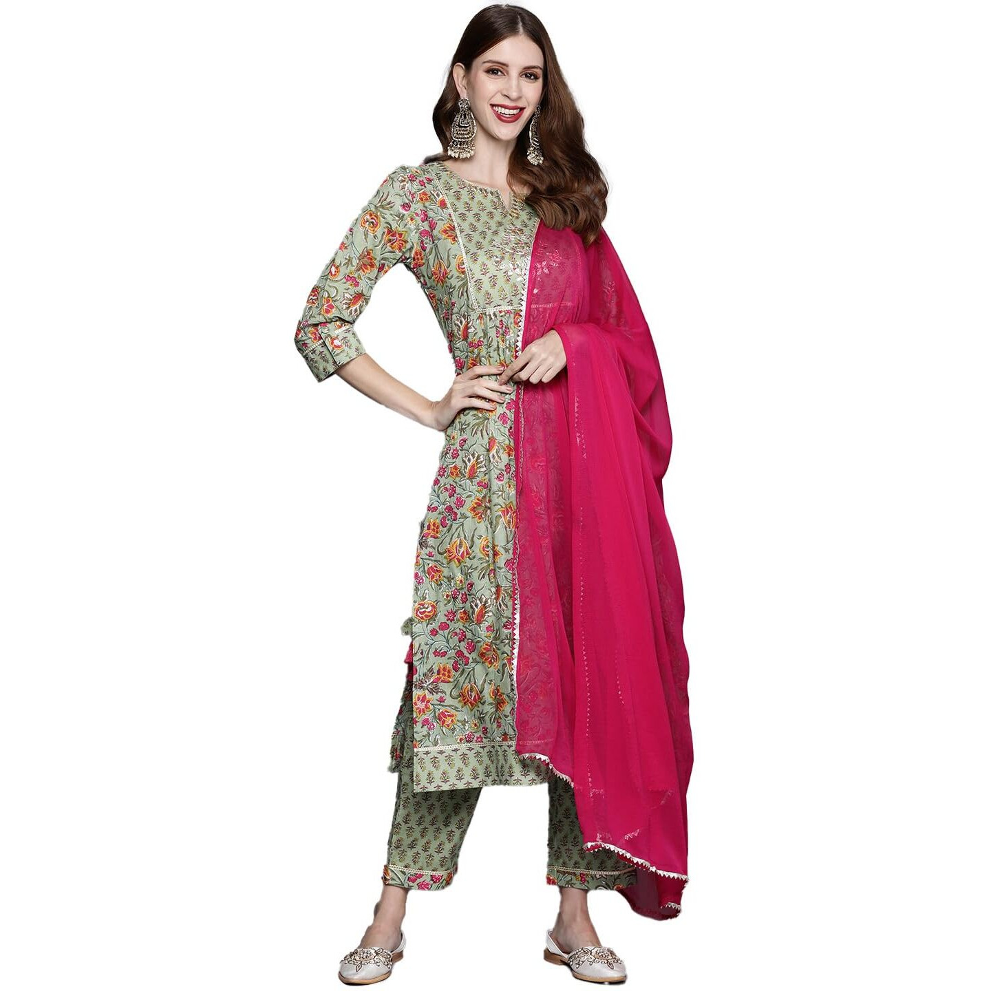 Varanga Floral Printed Embroidered Kurta With Straight Pant And Chiffon Dupatta