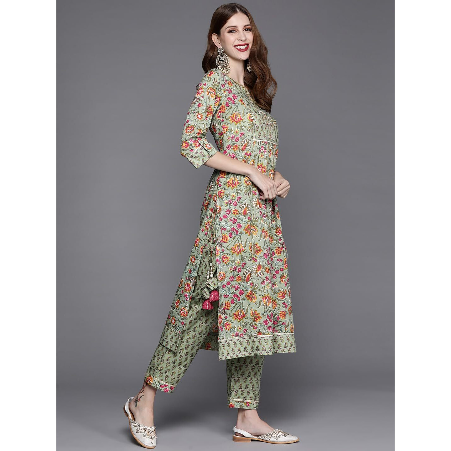 Varanga Floral Printed Embroidered Kurta With Straight Pant And Chiffon Dupatta