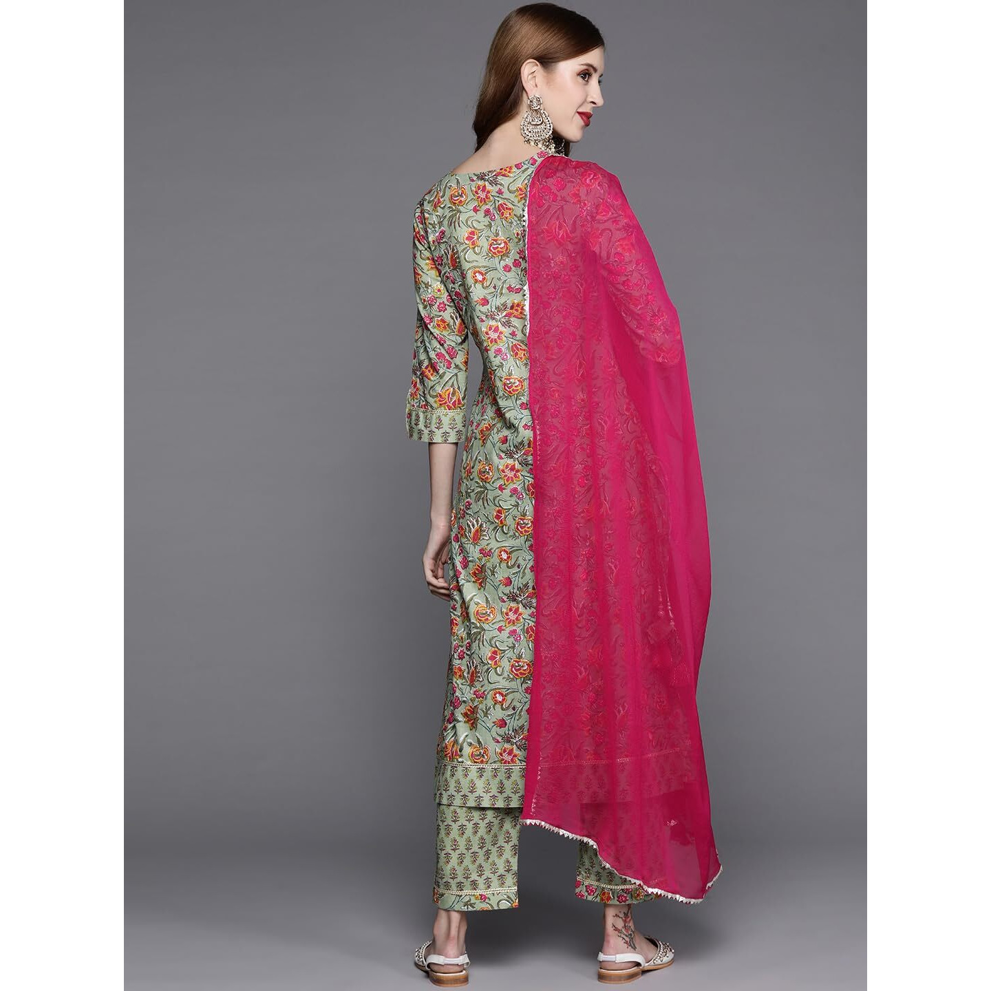 Varanga Floral Printed Embroidered Kurta With Straight Pant And Chiffon Dupatta