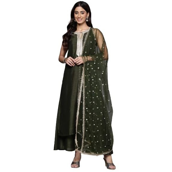 Varanga Women Olive Green Lace Embellished Sleeveless Straight Kurta Paired With Tonal Plazzo And Dupatta