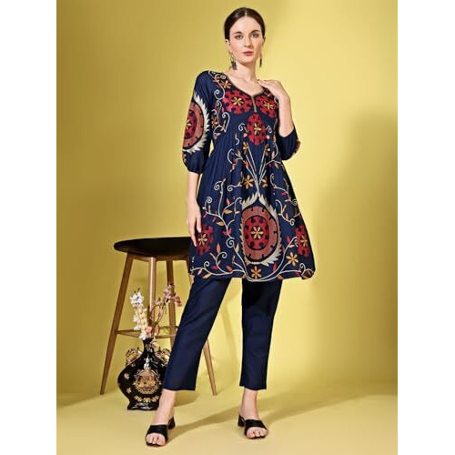 Womanista Women Pure Cotton Ista Solid Regular Kurti Set(Co-Ords_9145_Navy Blue_Xl)